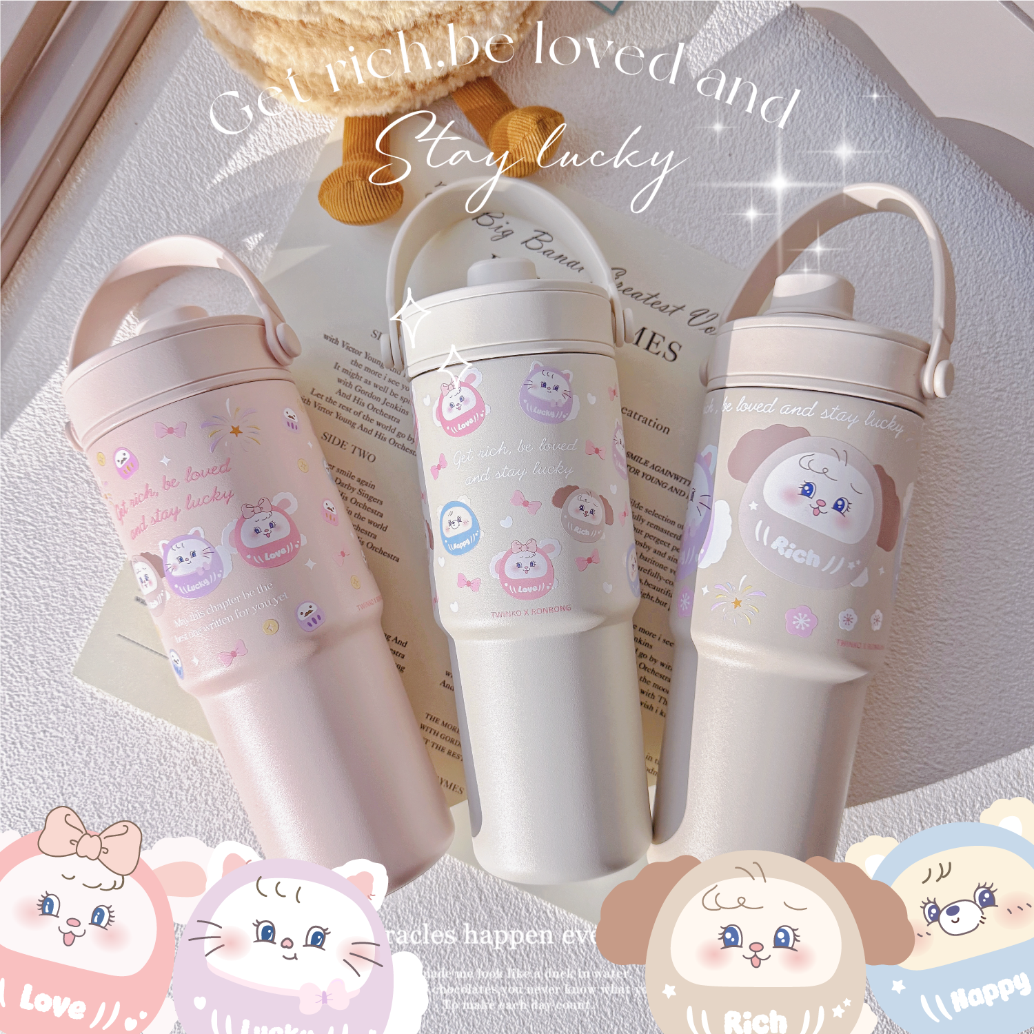 HM245]❥SGS驗證-兔茸茸達摩軟萌開運款*陶瓷保溫杯735ml/招財貓/達摩