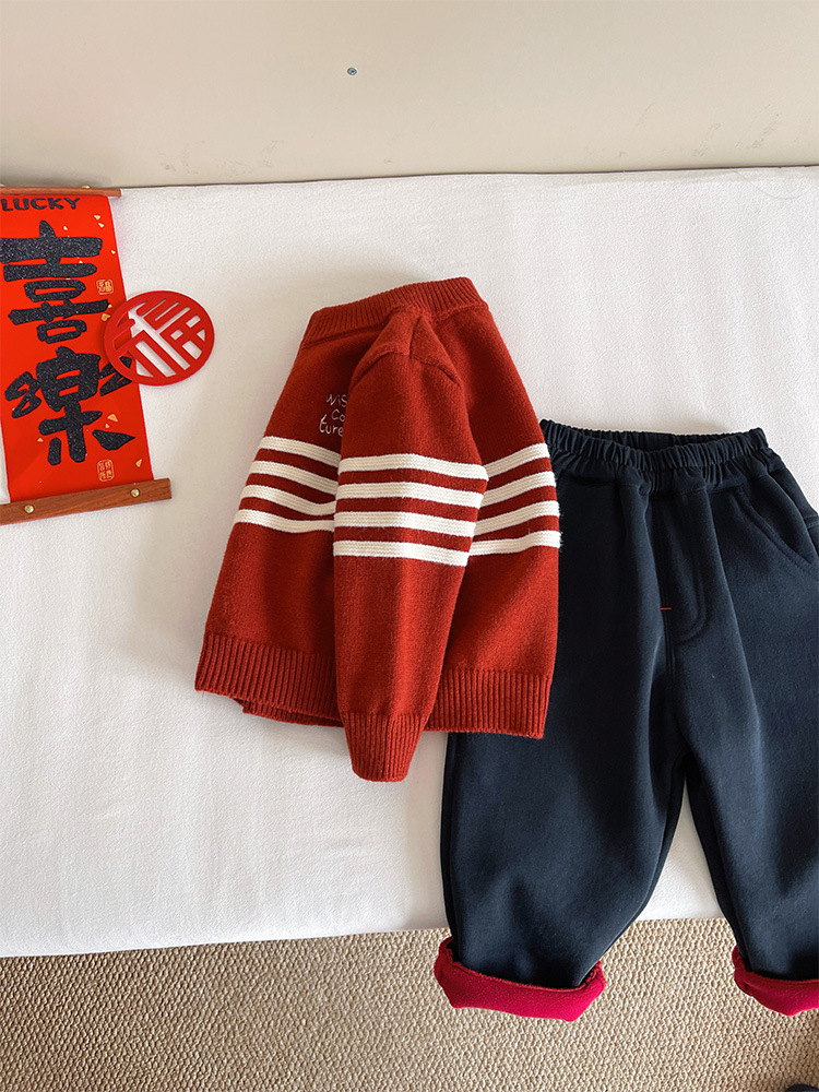 【H0179】條紋紅色厚針織外套(90-150)