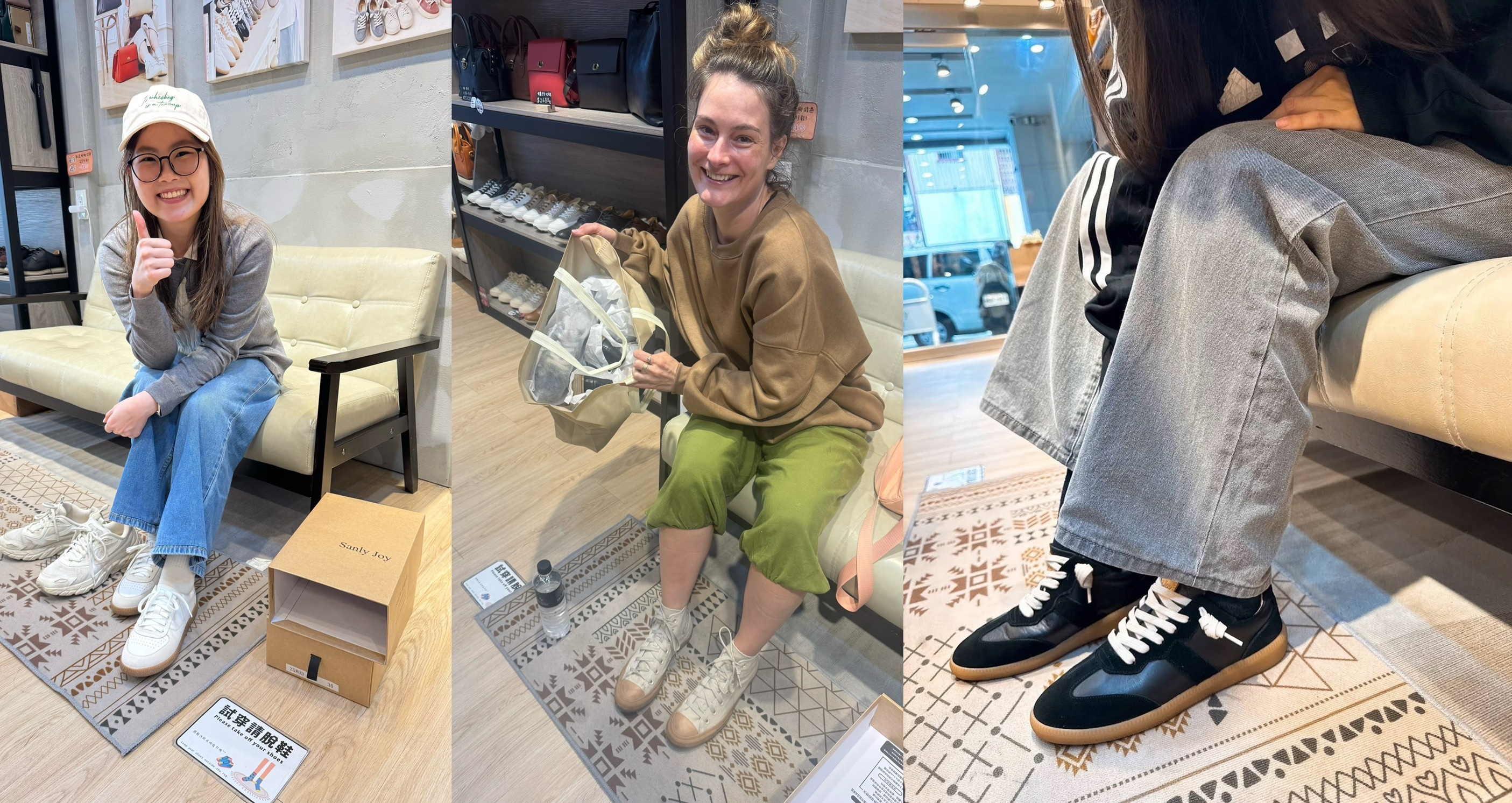 遊客在 Sanly Joy 台南中正旗艦店開心購物打卡，體驗最道地的台灣手工鞋文化，強調實體門市的試穿體驗與人情味，是台南必買的質感伴手禮推薦。