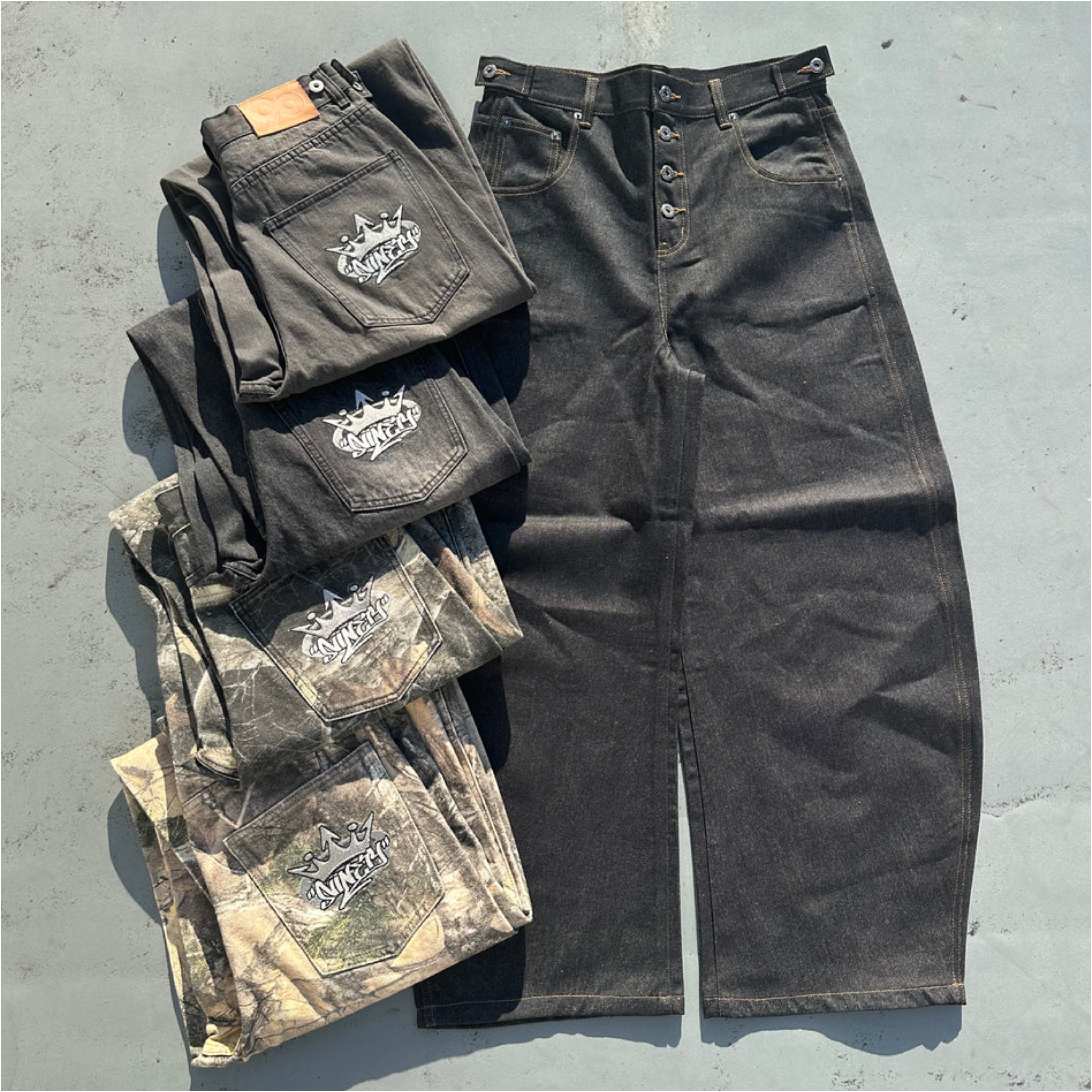 2025AW 9090 King Logo Slub Denim Buggy Pants 水洗樹紋牛仔褲