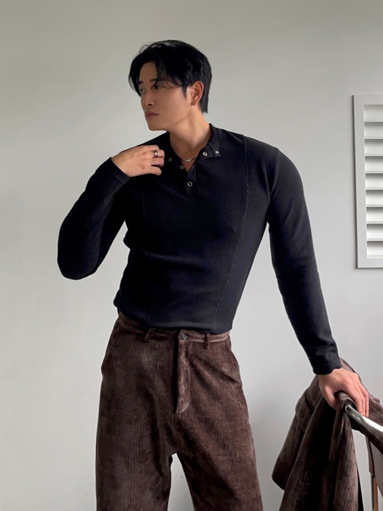 按扣開襟亨利領切割長袖T卹