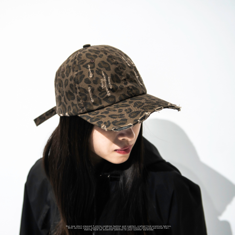 韓國街頭 豹紋野性刷破仿舊棒球帽