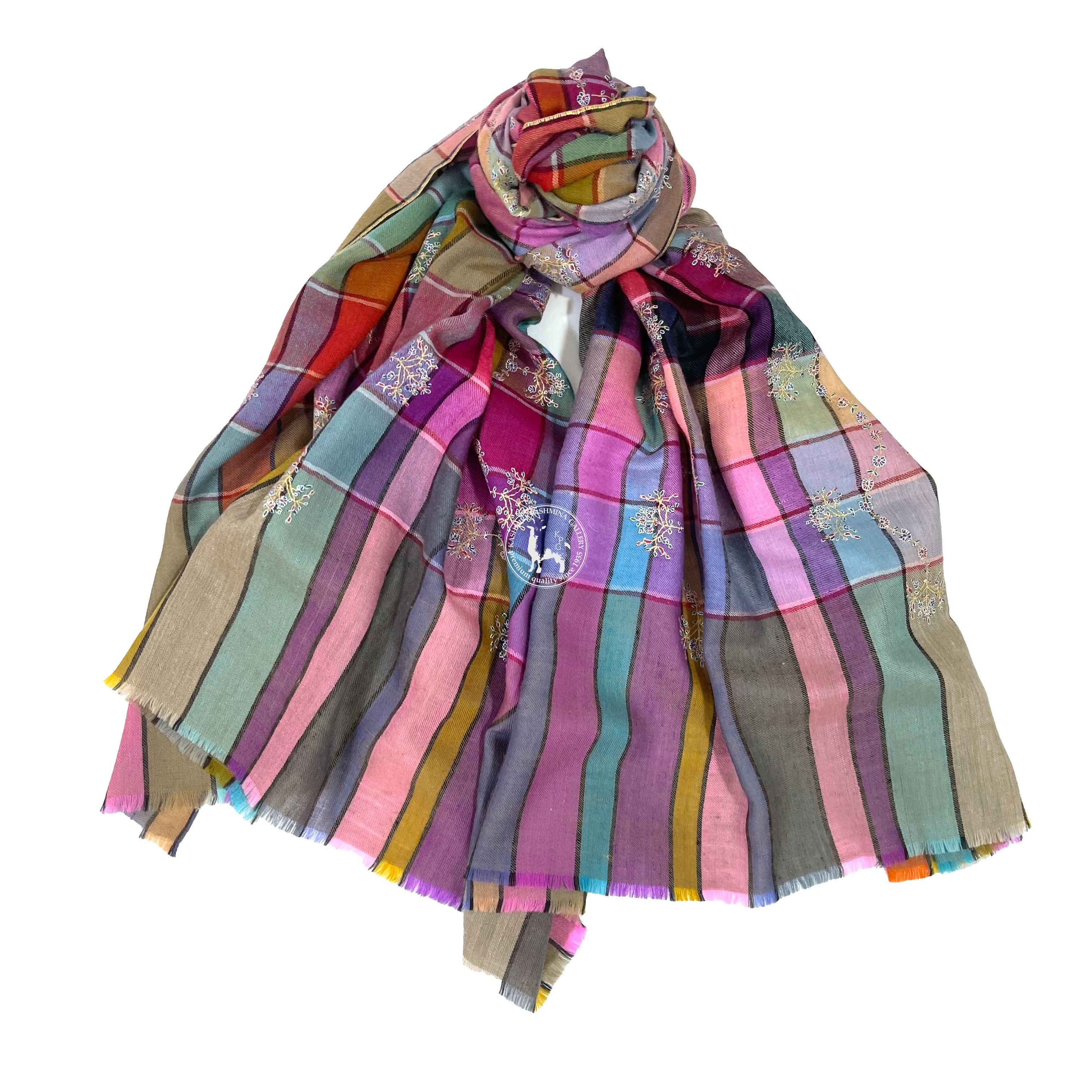 卡尼手織格子圖案的索茲尼刺繡羊絨圍巾