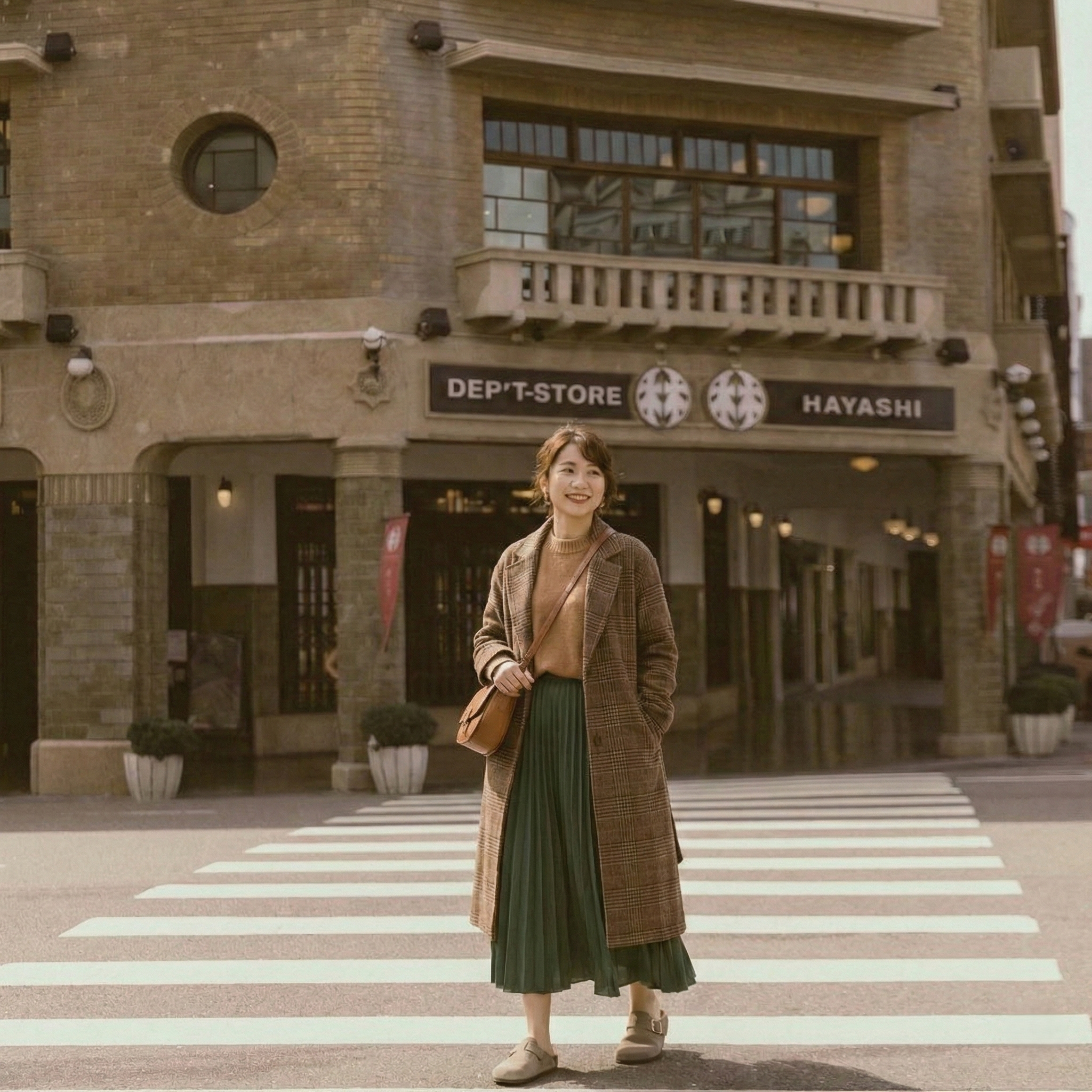 穿著Sanly Joy勃肯鞋 灰色走在台南的街頭，旁邊有台南百年百貨-林百貨，舒適柔軟好穿的麂皮勃肯鞋，搭配秋裝更顯溫柔少女氛圍。