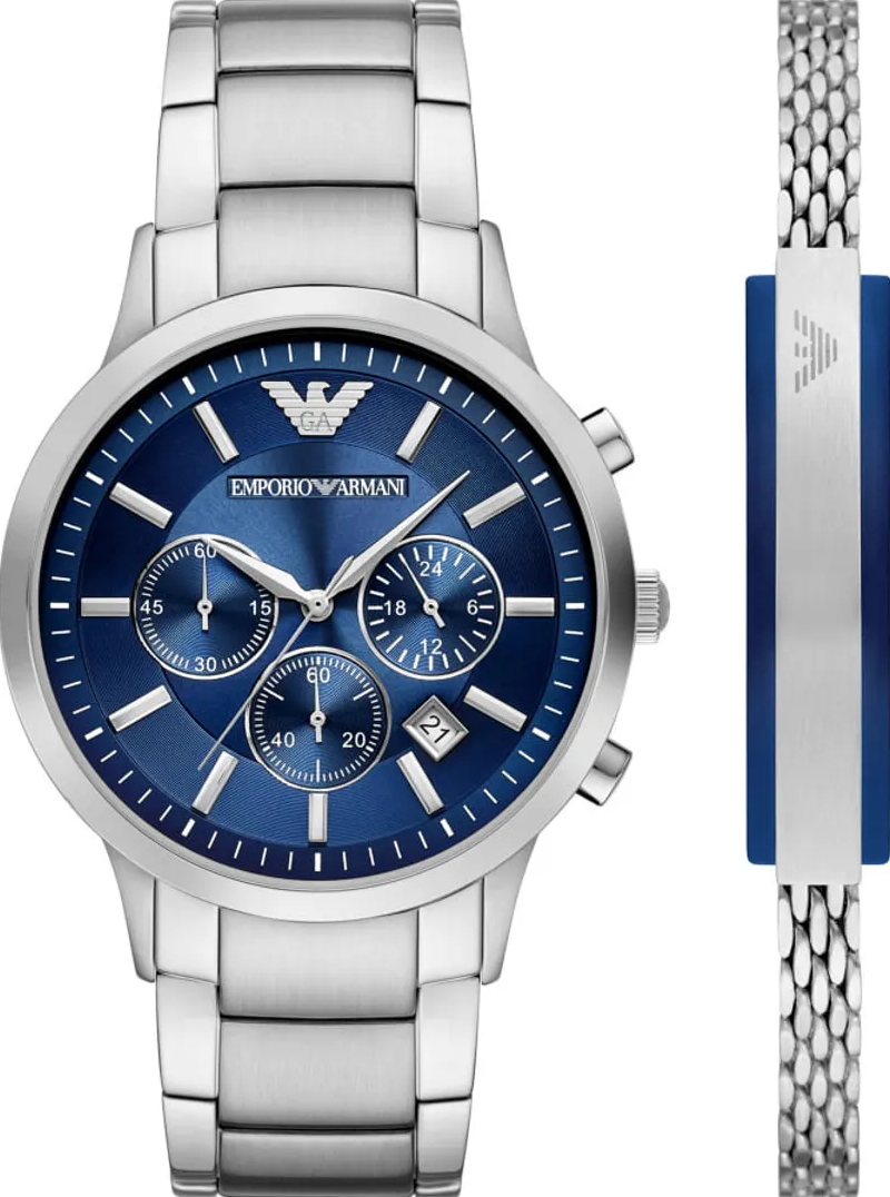 萬年鐘錶 - ARMANI  精品腕錶  藍面三眼計時經典套組男錶 AR80081SET  錶徑43MM