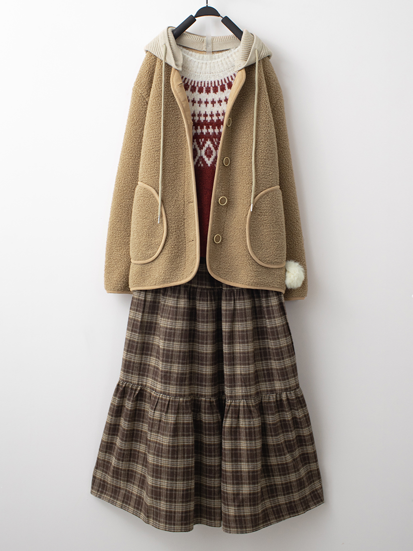 毛球針織外套織紋毛衣格紋法蘭絨蛋糕長裙