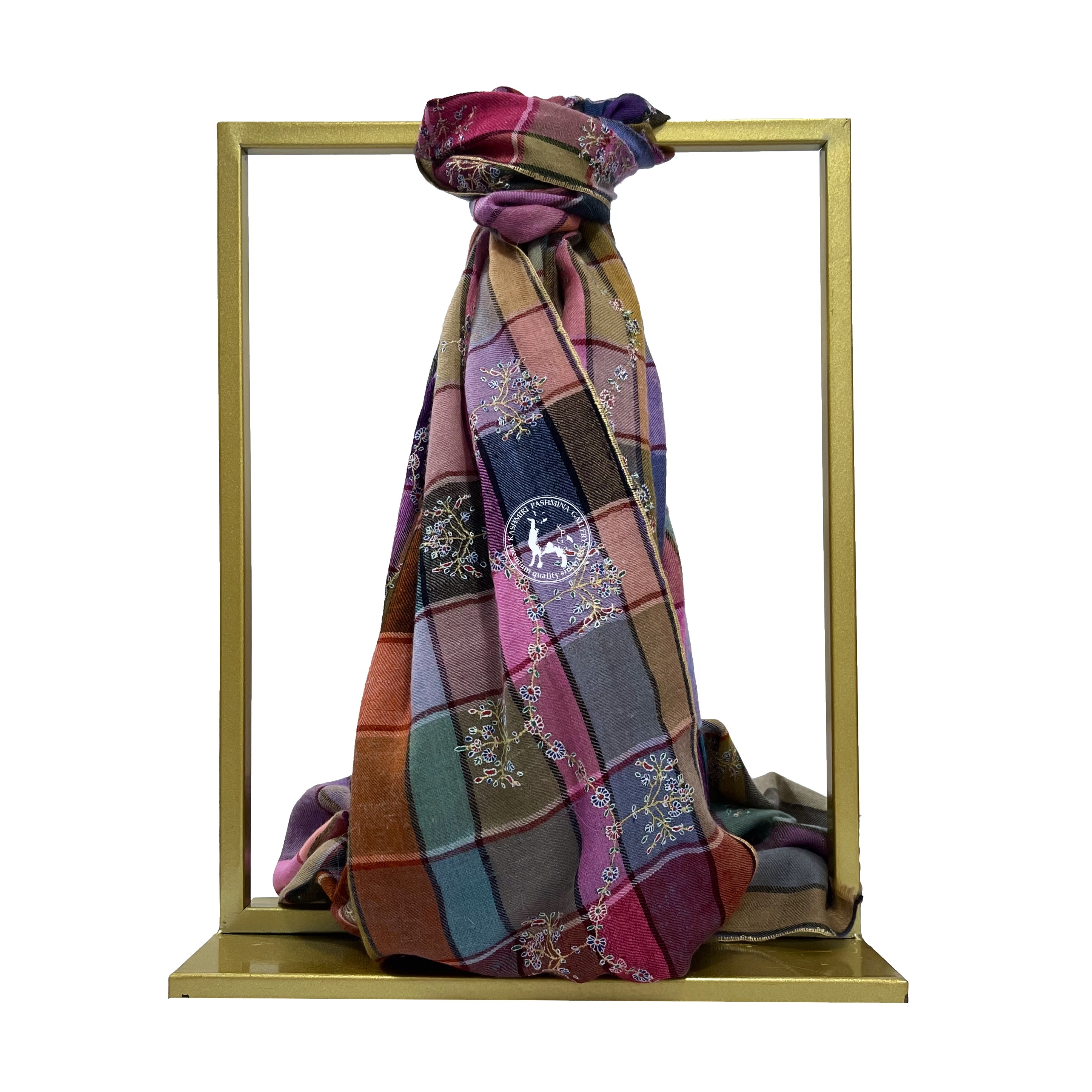 卡尼手織格子圖案的索茲尼刺繡羊絨圍巾