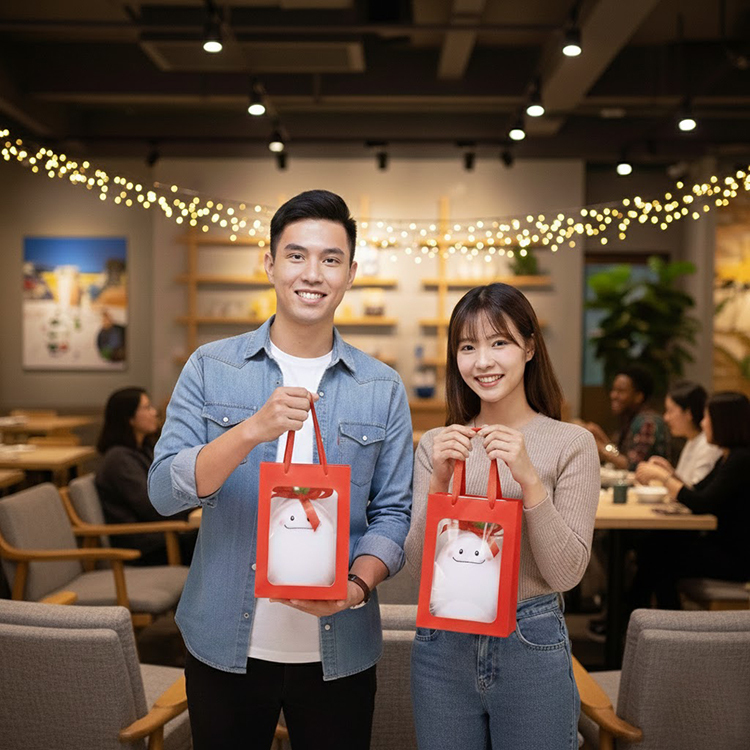 一名穿著牛仔襯衫的男子與一名穿著淺色毛衣的女子，在裝飾有串燈的溫馨餐廳背景中，各自提著一個裝有笑臉白蘿蔔玩偶的紅色透明視窗禮物提袋。