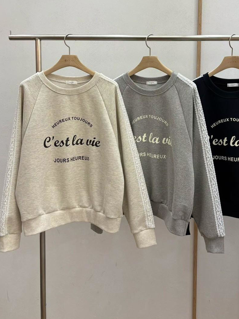 C’est la vie 法式字樣｜早春蕾絲手袖棉質上衣｜溫柔氣質日常款