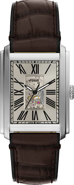 萬年鐘錶 - Fossil   方型時尚羅馬時標機械皮革款男錶 ME3272 錶徑30MM