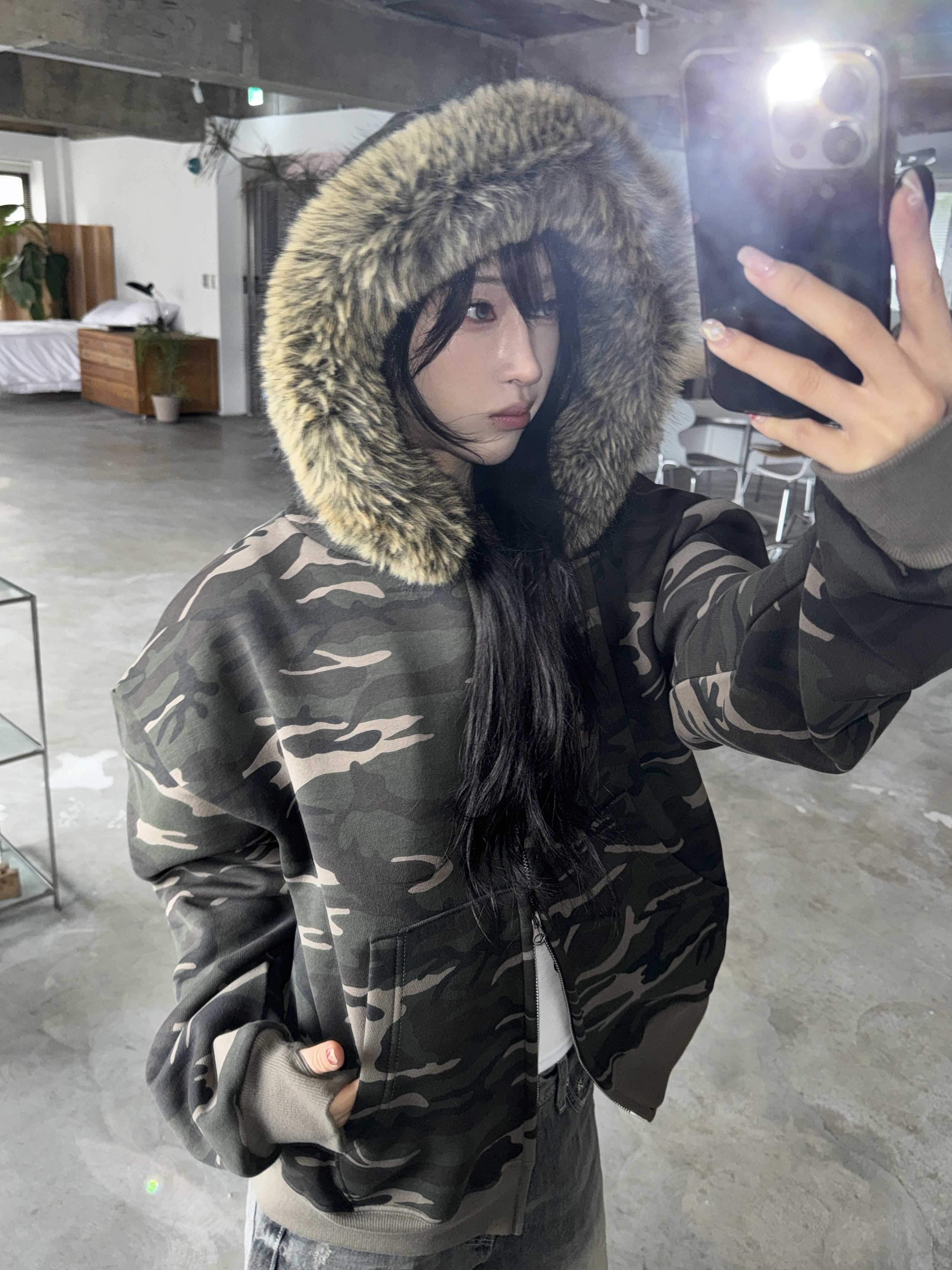 愛斯基摩 貂毛迷彩 寬鬆短版連帽外套