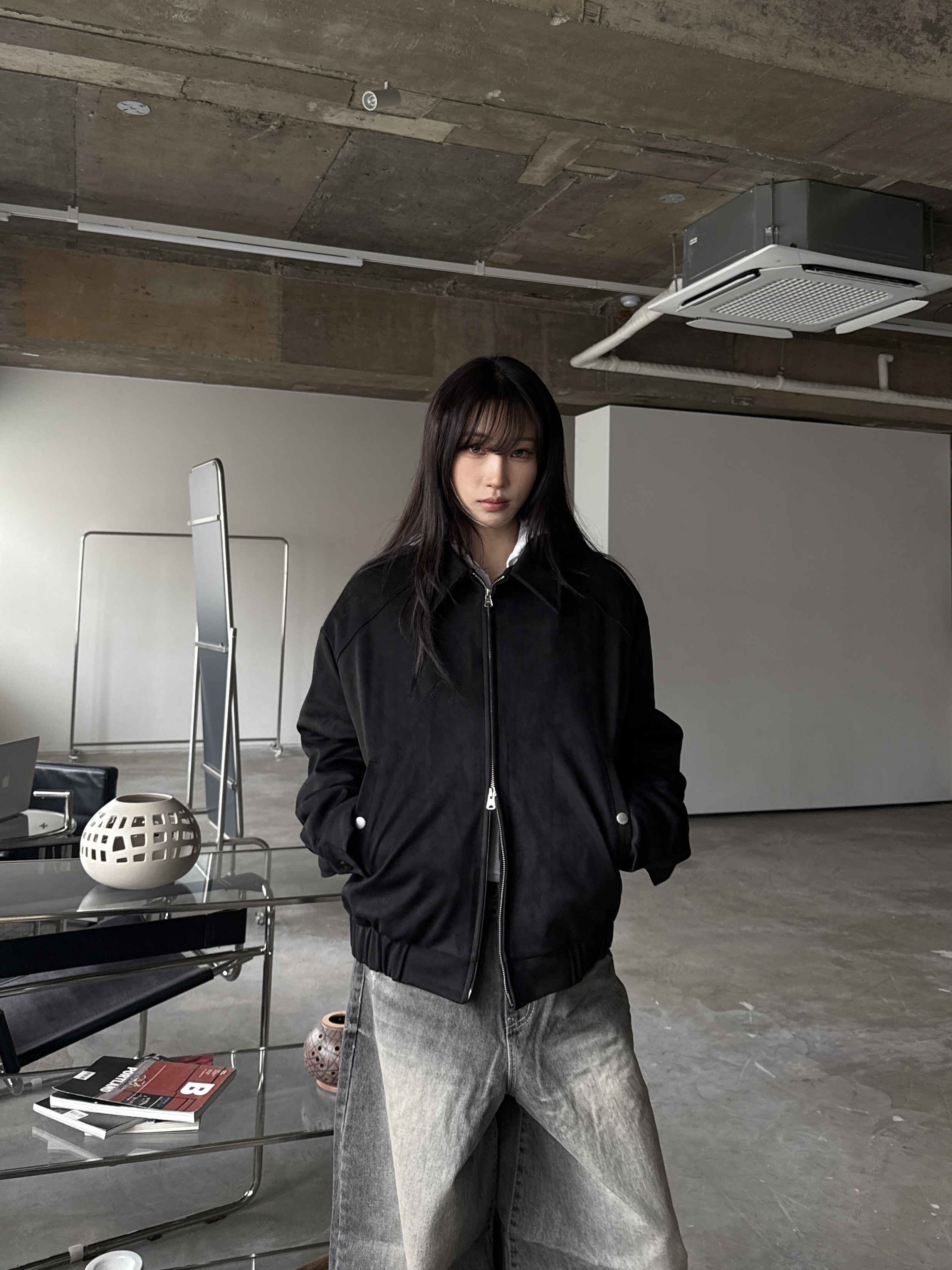 蓬鬆麂皮 雙拉鏈 鋪棉短版夾克