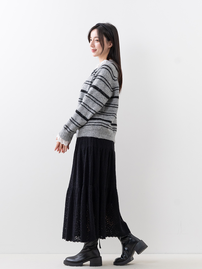 蕾絲條紋針織毛衣絨毛蛋糕長裙