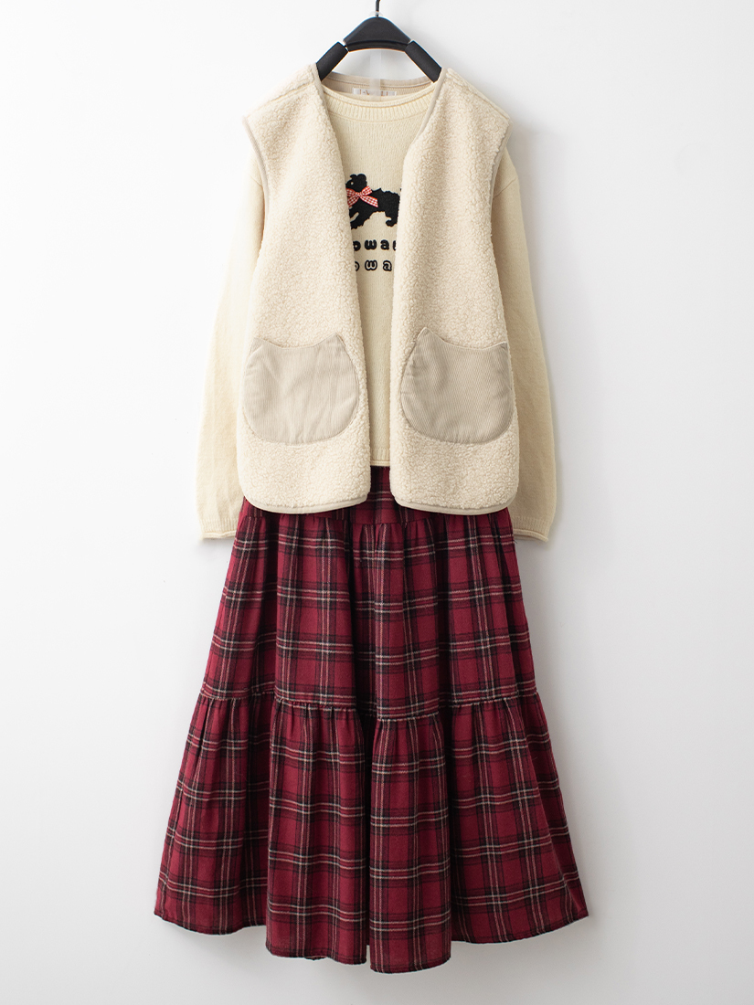 條絨口袋背心捲邊針織毛衣法蘭絨蛋糕長裙