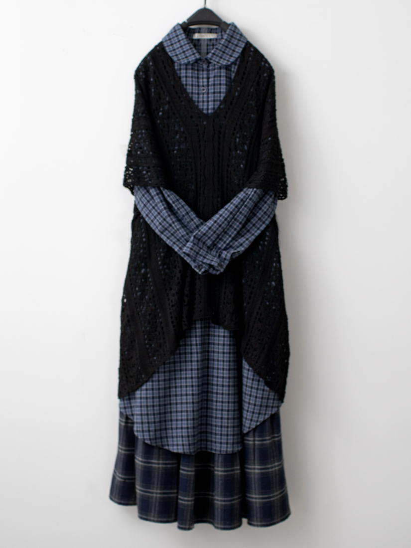 簍空提花罩衫格紋洋裝格紋法蘭絨蛋糕長裙