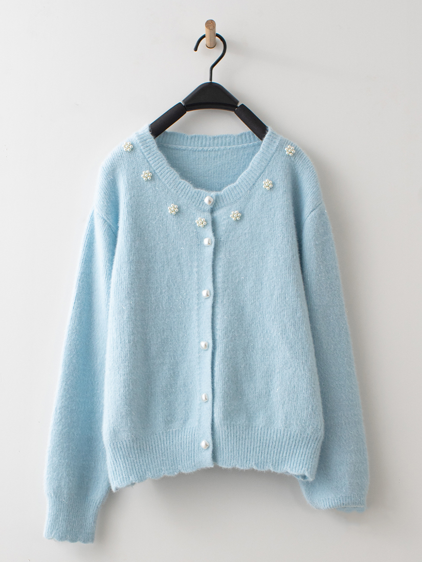 珍珠小花針織外套羅紋針織上衣紋壓褶絨裙