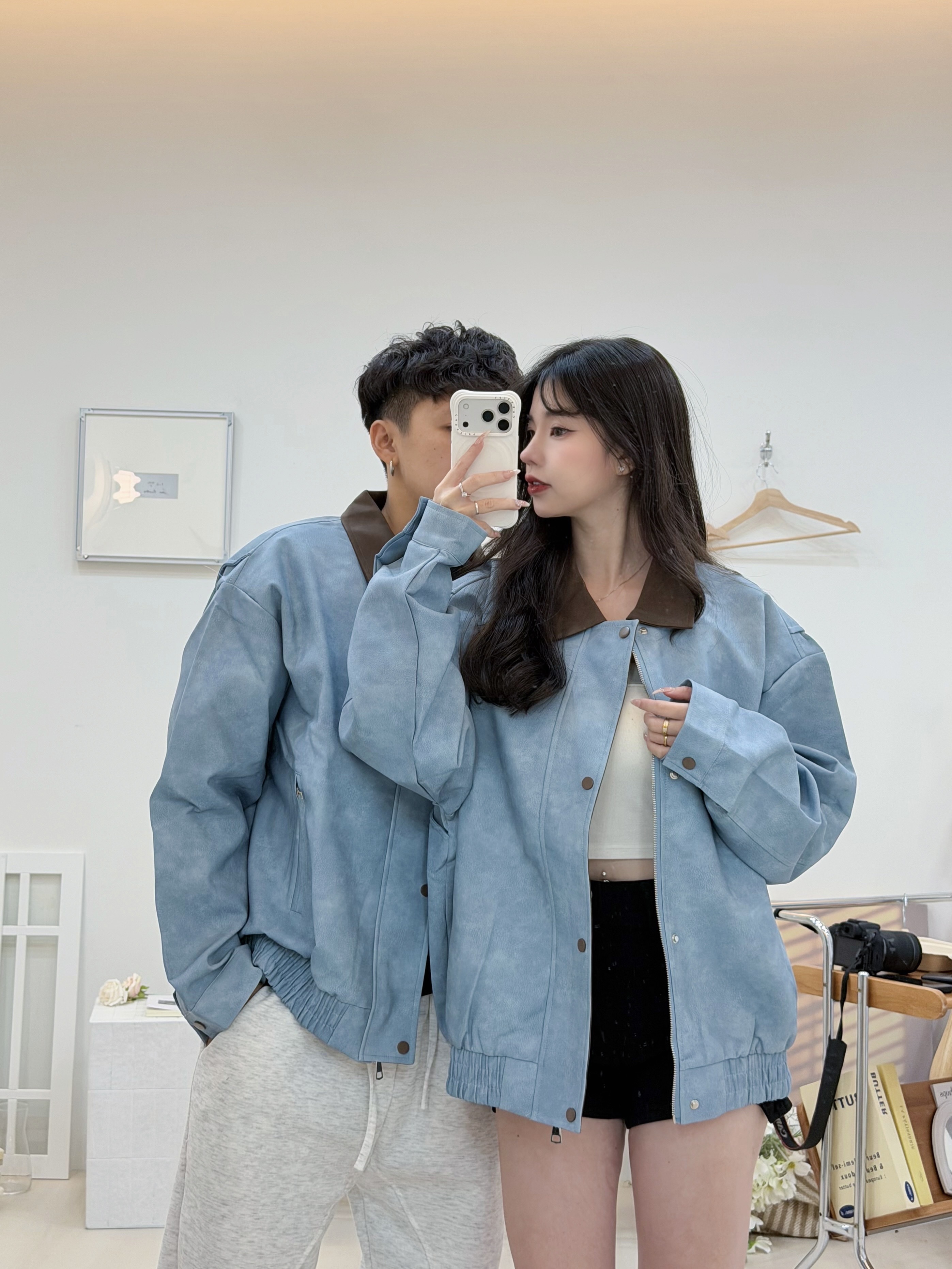 撞色皮革外套🍁