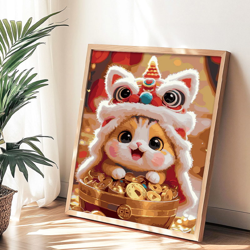 財源滾滾 ｜ 舞獅萌貓・招財進寶 - ArtLife開運數字油畫【DT091】