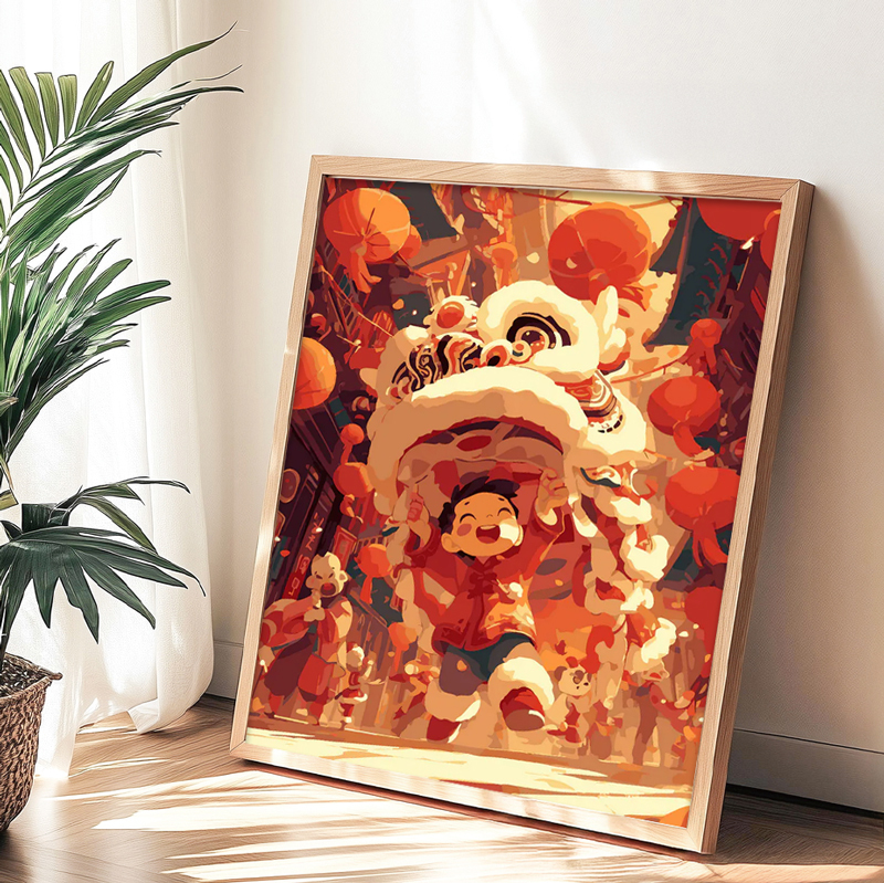 張燈結綵 ｜ 舞獅慶賀・熱鬧春節 - ArtLife開運數字油畫【DT032】