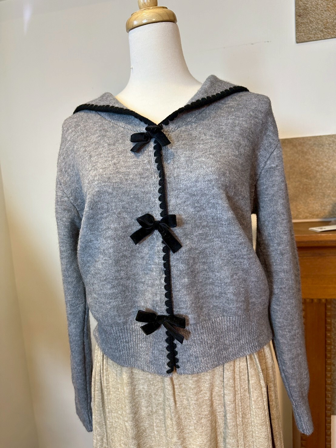 韓-灰針織撞色蝴蝶結針織外