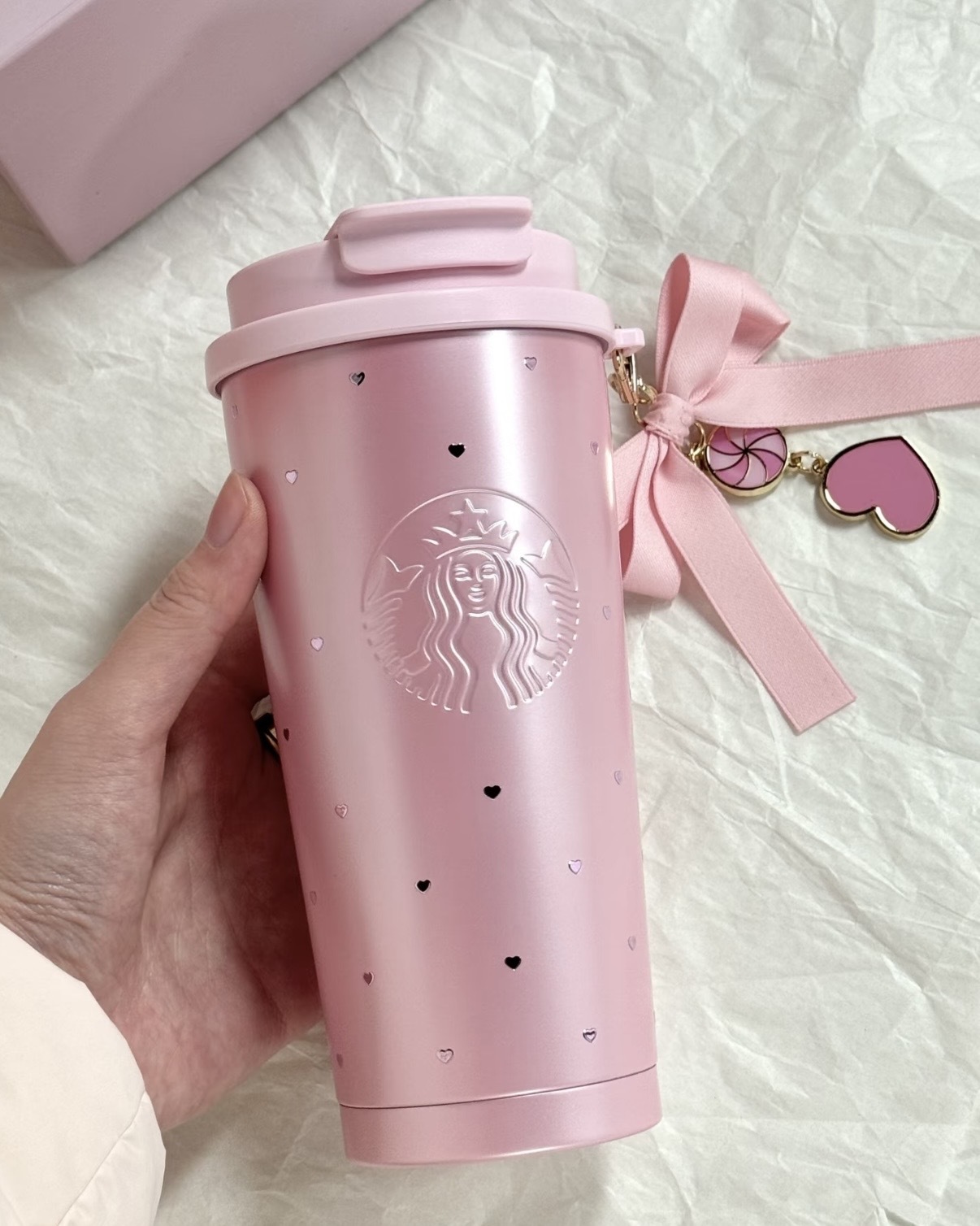 Starbucks 星巴克 2026情人節限定 珠光粉色 小愛心 雙飲口 隨行杯 480ml