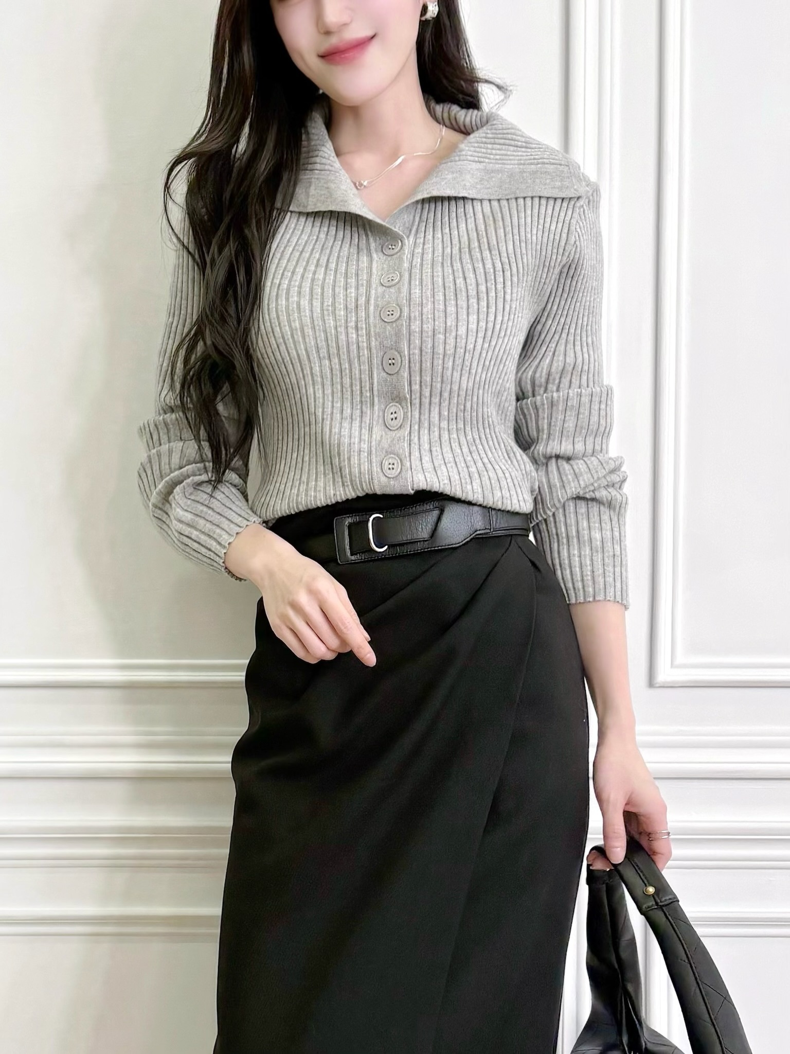 翻領坑條顯瘦針織上衣