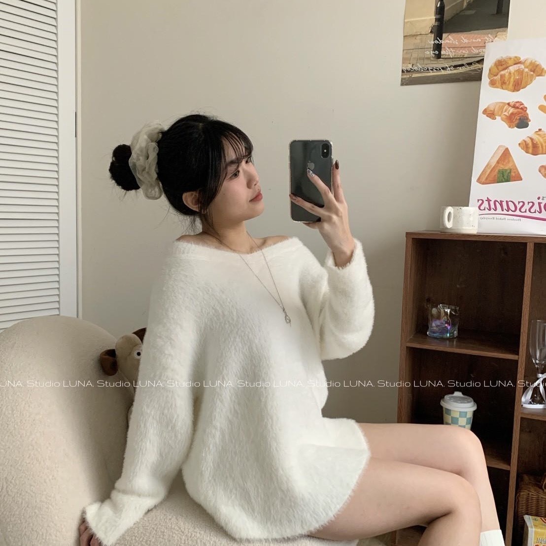 溫柔水貂毛 V領慵懶針織上衣