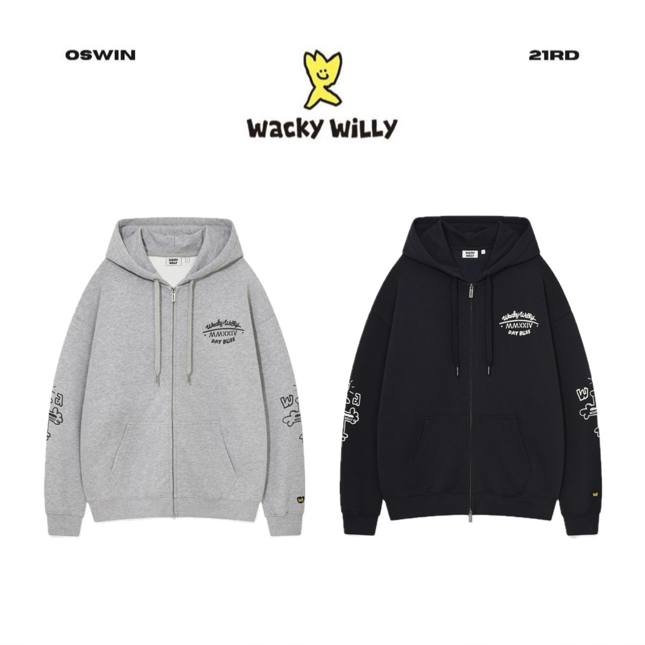 韓國 Wacky Willy 小飛人 刺繡 雙拉鍊連帽外套