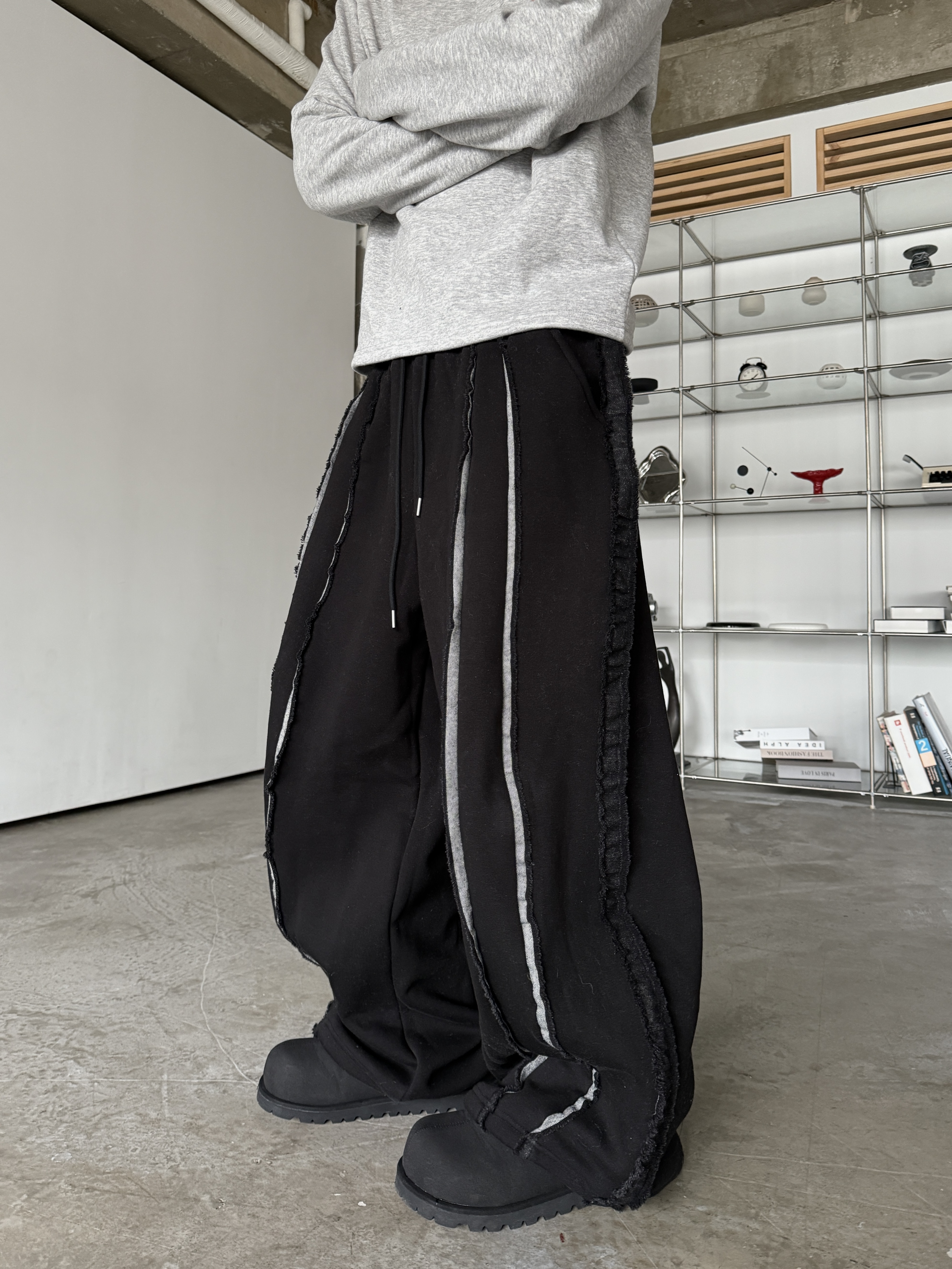 牛仔拼接 雙層設計寬鬆落地棉褲