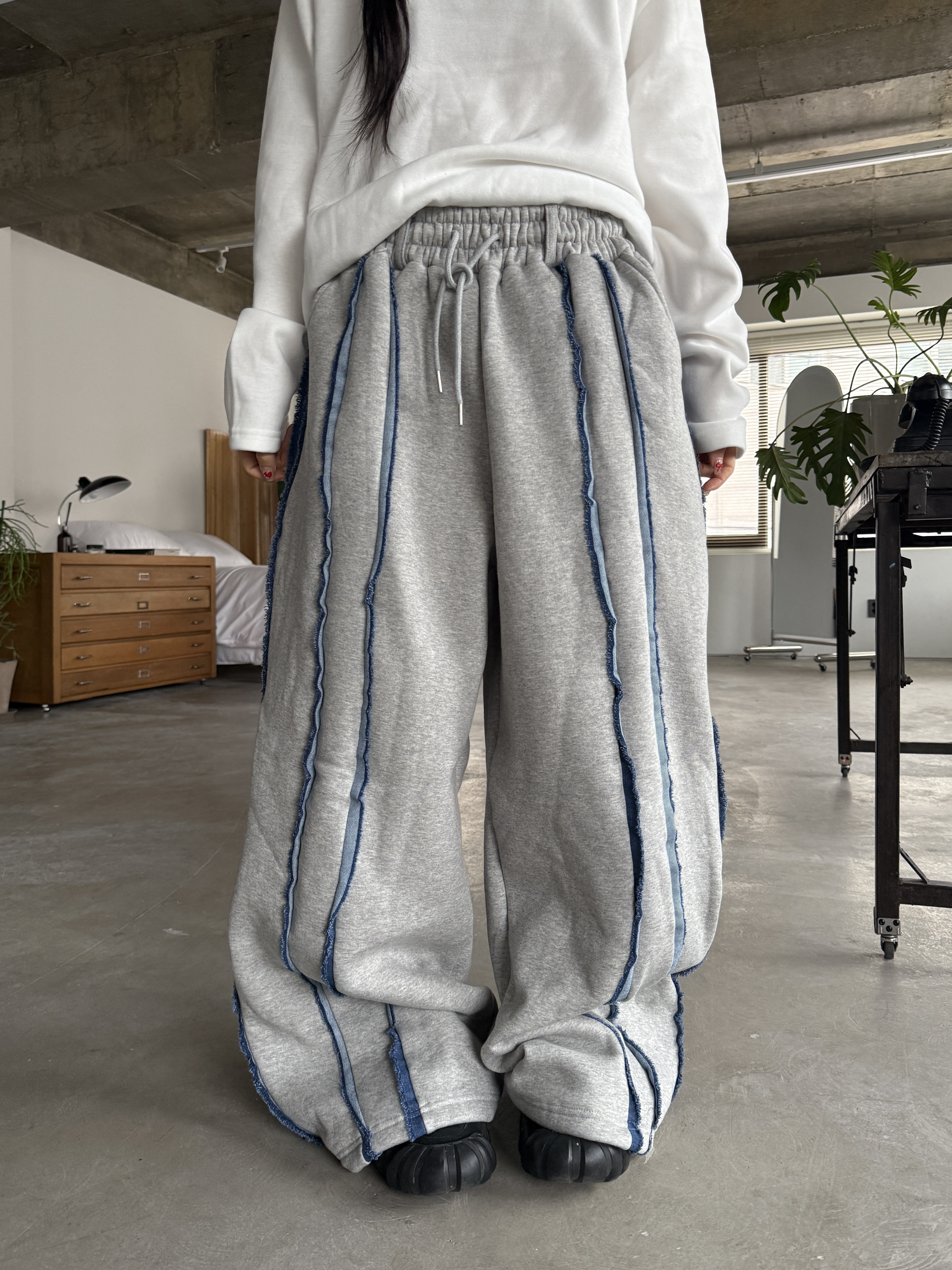 牛仔拼接 雙層設計寬鬆落地棉褲