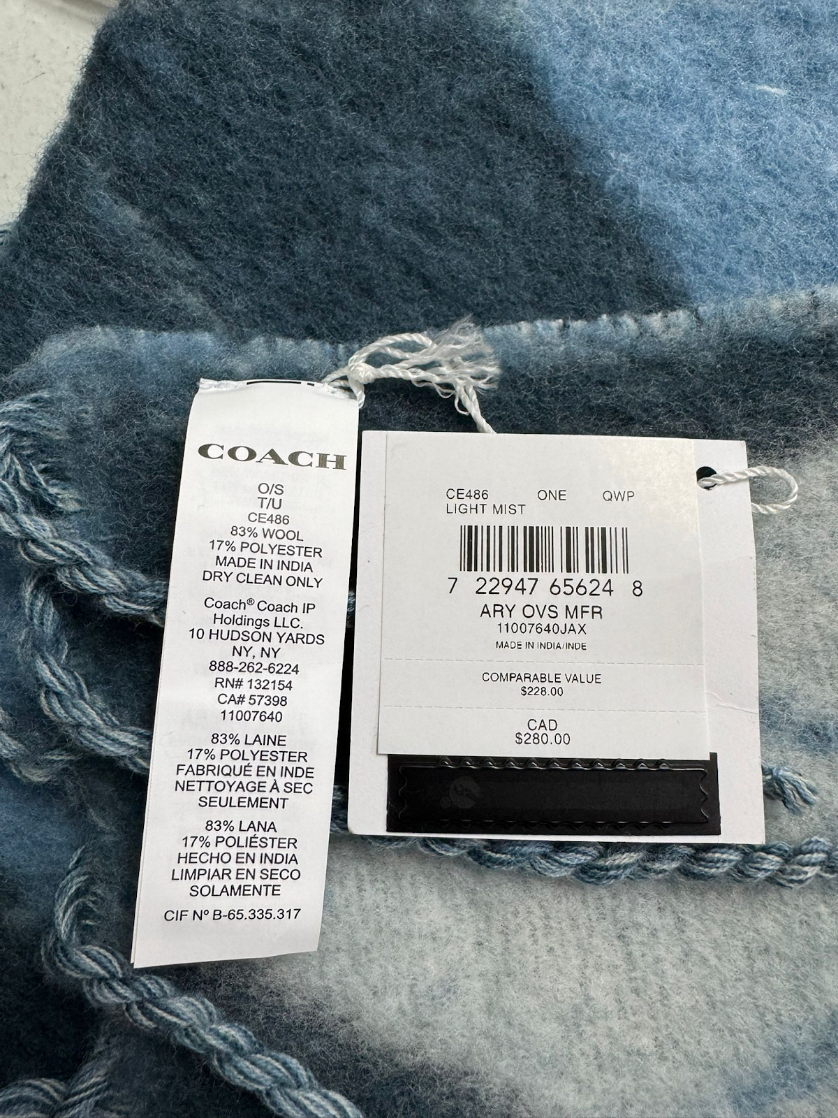 4G250 Coach 83%wool 藍色羊毛圍巾 184cm x 49cm