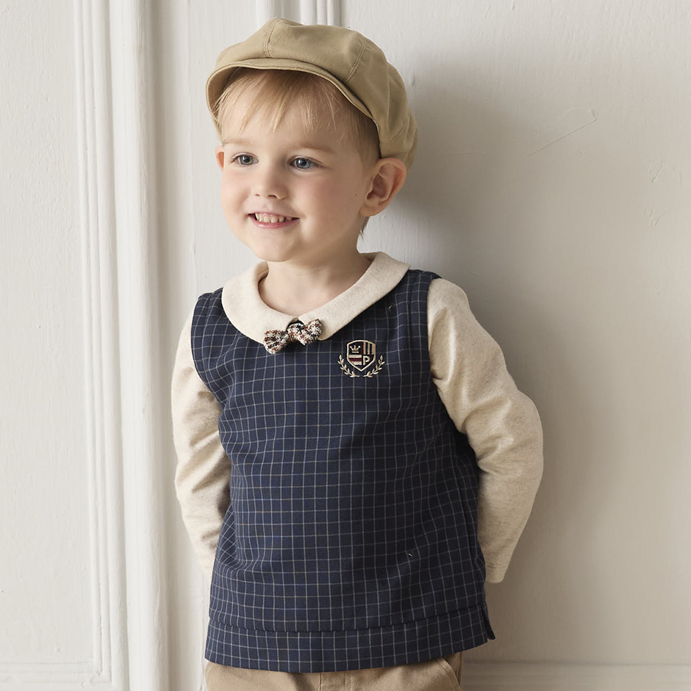 PIPPY 優雅學院風格紋翻領假兩件彈性棉長袖上衣 藍