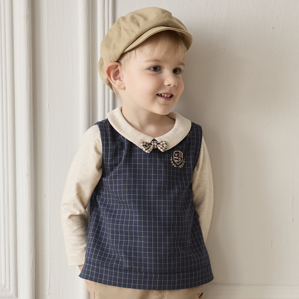 PIPPY 優雅學院風格紋翻領假兩件彈性棉長袖上衣 藍