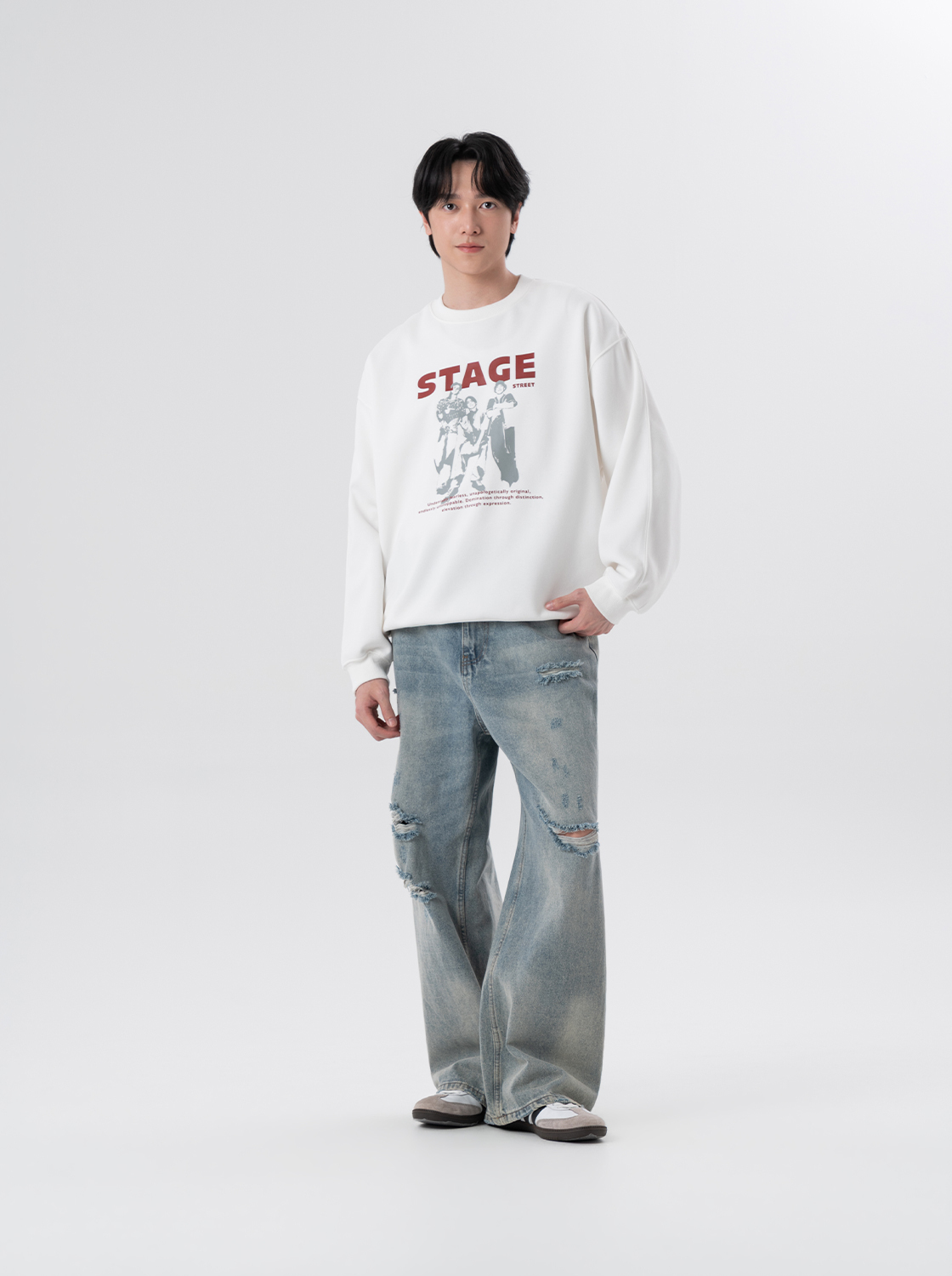 刷破寬鬆直筒牛仔褲