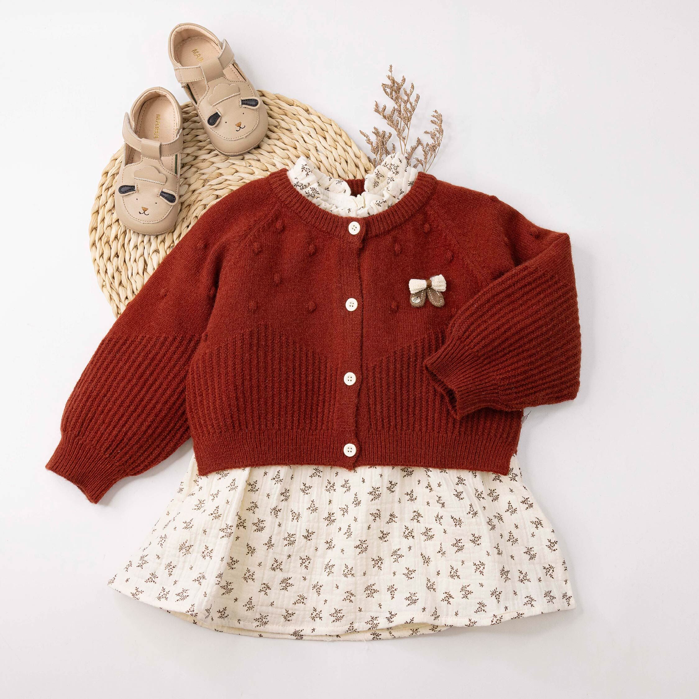 【H55851】典雅小碎花兩件式套裝/洋裝(附蝴蝶結別針)