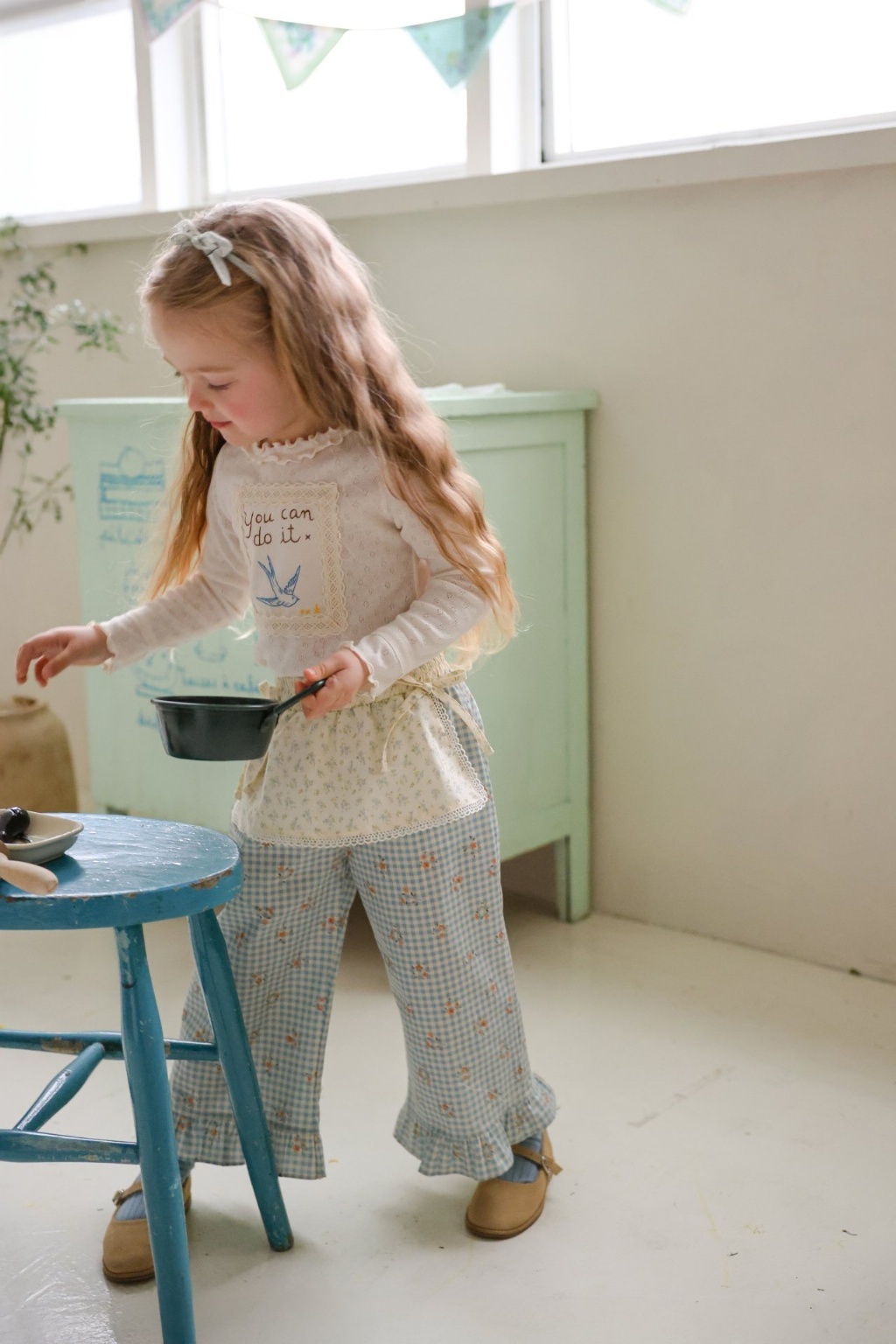 正韓春FLO 兩色格子拼接碎花褲