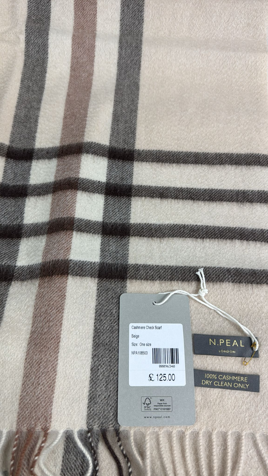 4G098 N peal 100% cashmere 格紋頸巾 Beige 162x30cm