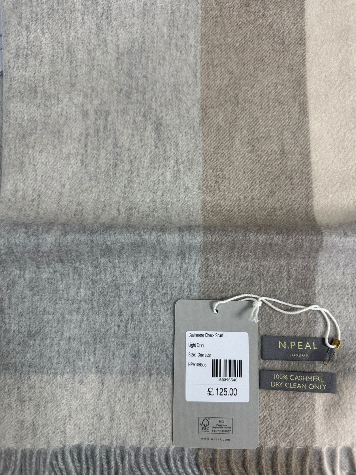 4G099 N peal 100% cashmere 格紋頸巾 Light Grey 162x30cm