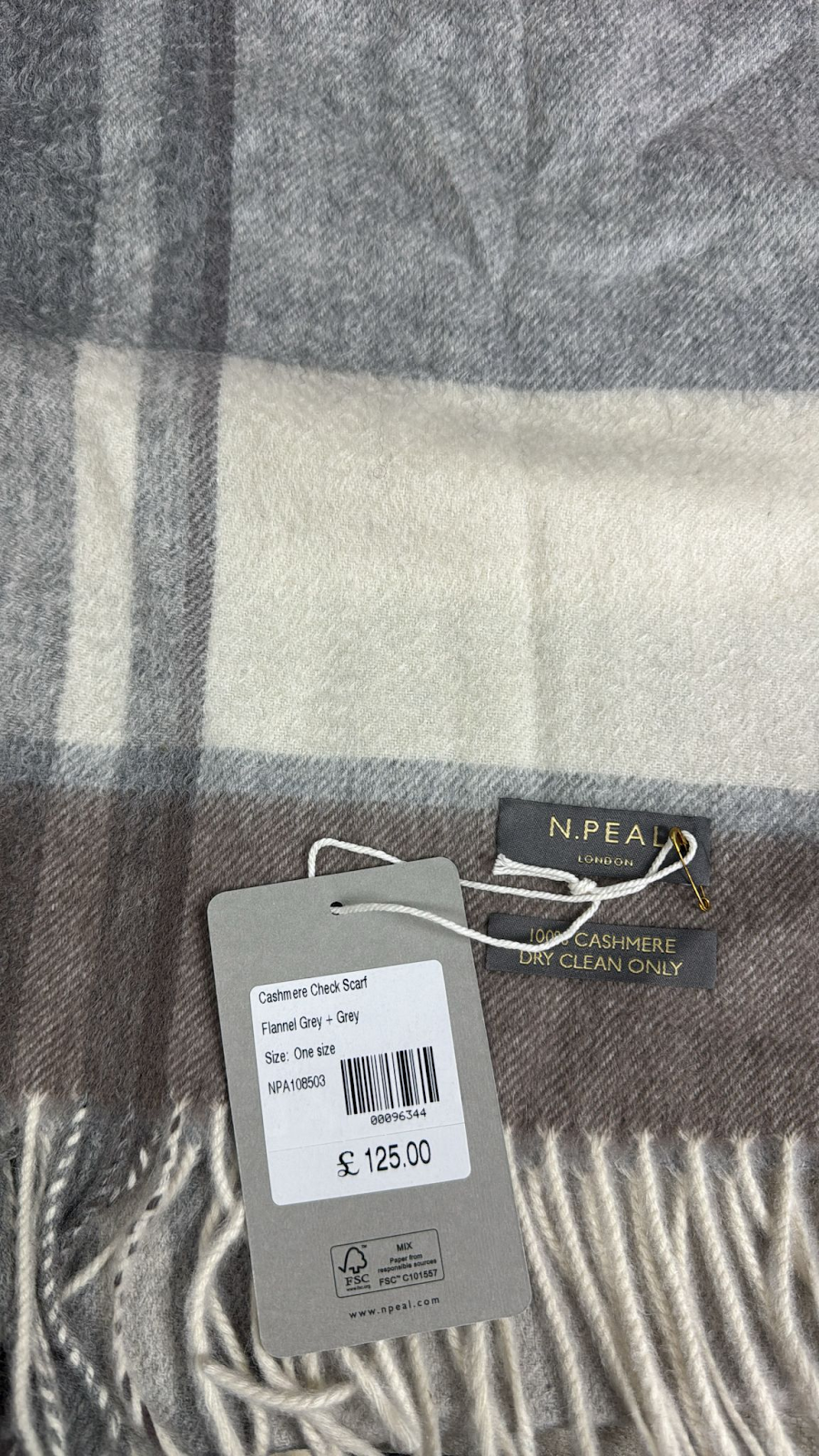 4G100 N peal 100% cashmere 格紋頸巾 Flannel Grey + Grey 162x30cm