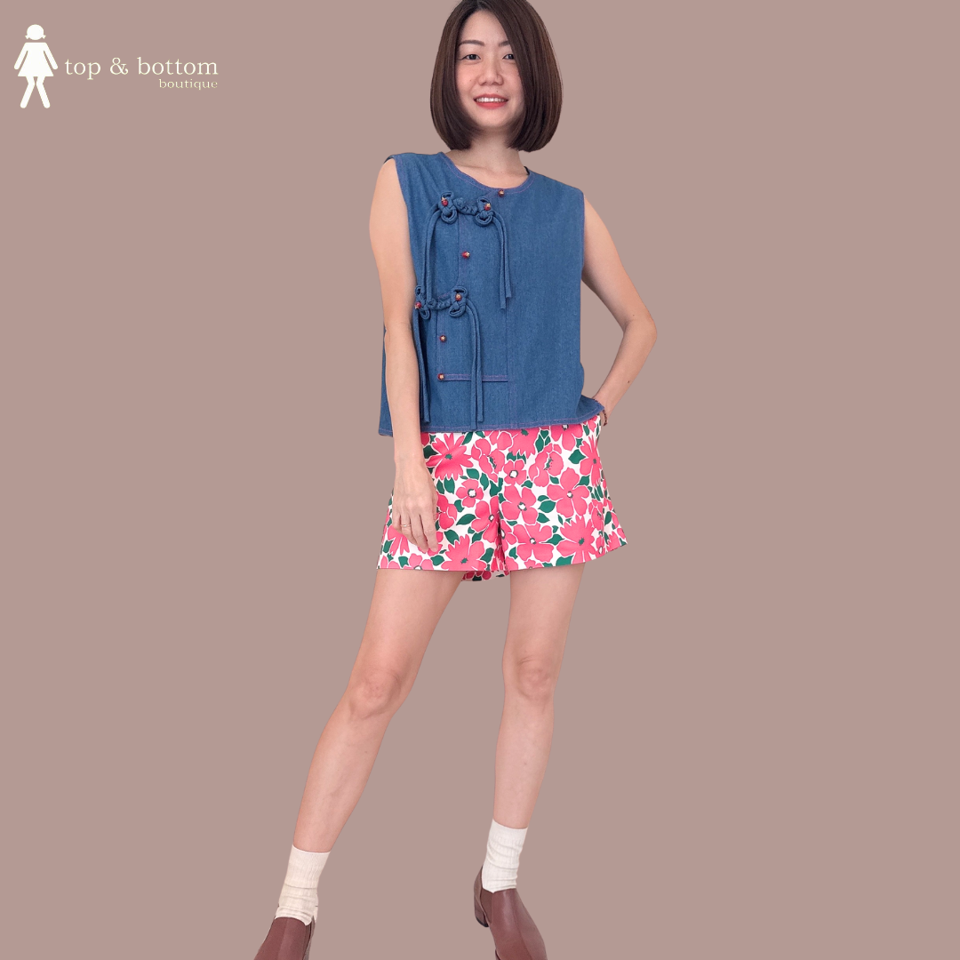 SLEEVELESS DENIM ORIENTAL BLOUSE