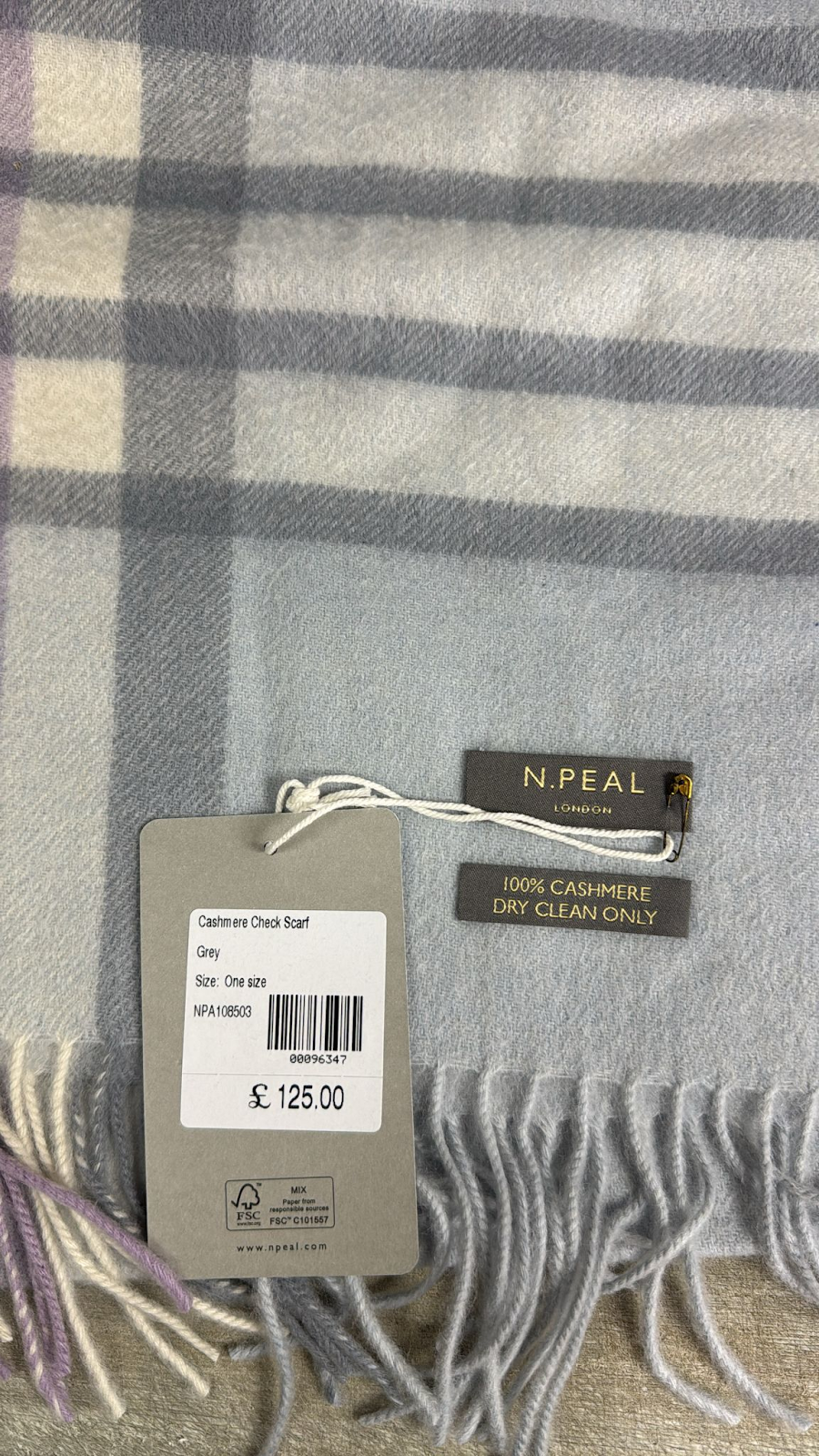 4G101 N peal 100% cashmere 格紋頸巾 Grey 162x30cm