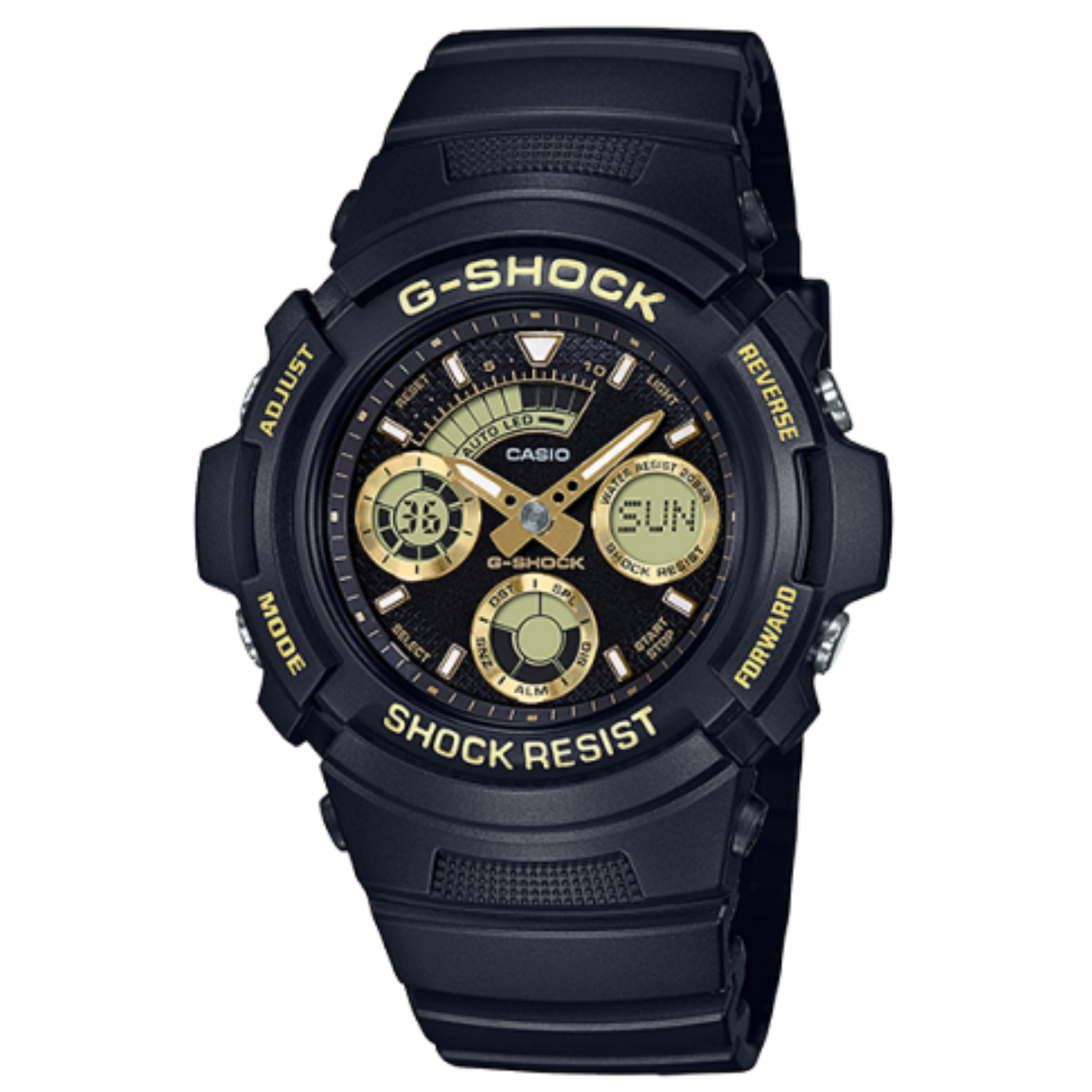 預購款【CASIO 卡西歐】G-SHOCK 戶外旅行 極限運動 多功能耐衝擊 電子錶 玫瑰金 金色 雙顯手錶 AW-591GBX
