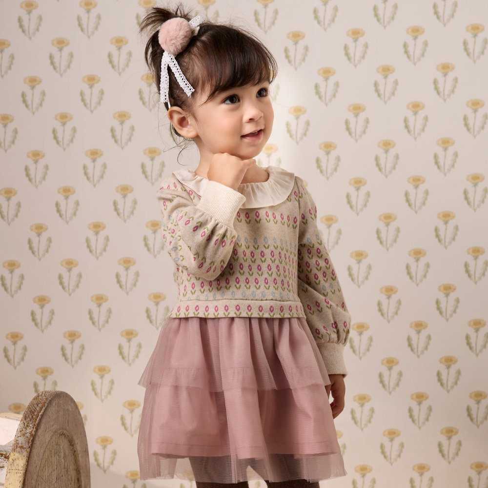 PIPPY 浪漫緹花彈性棉假兩件網紗連身裙洋裝 粉