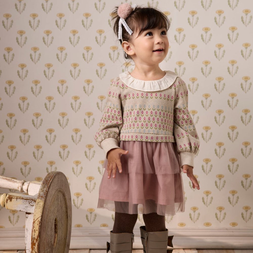 PIPPY 浪漫緹花彈性棉假兩件網紗連身裙洋裝 粉