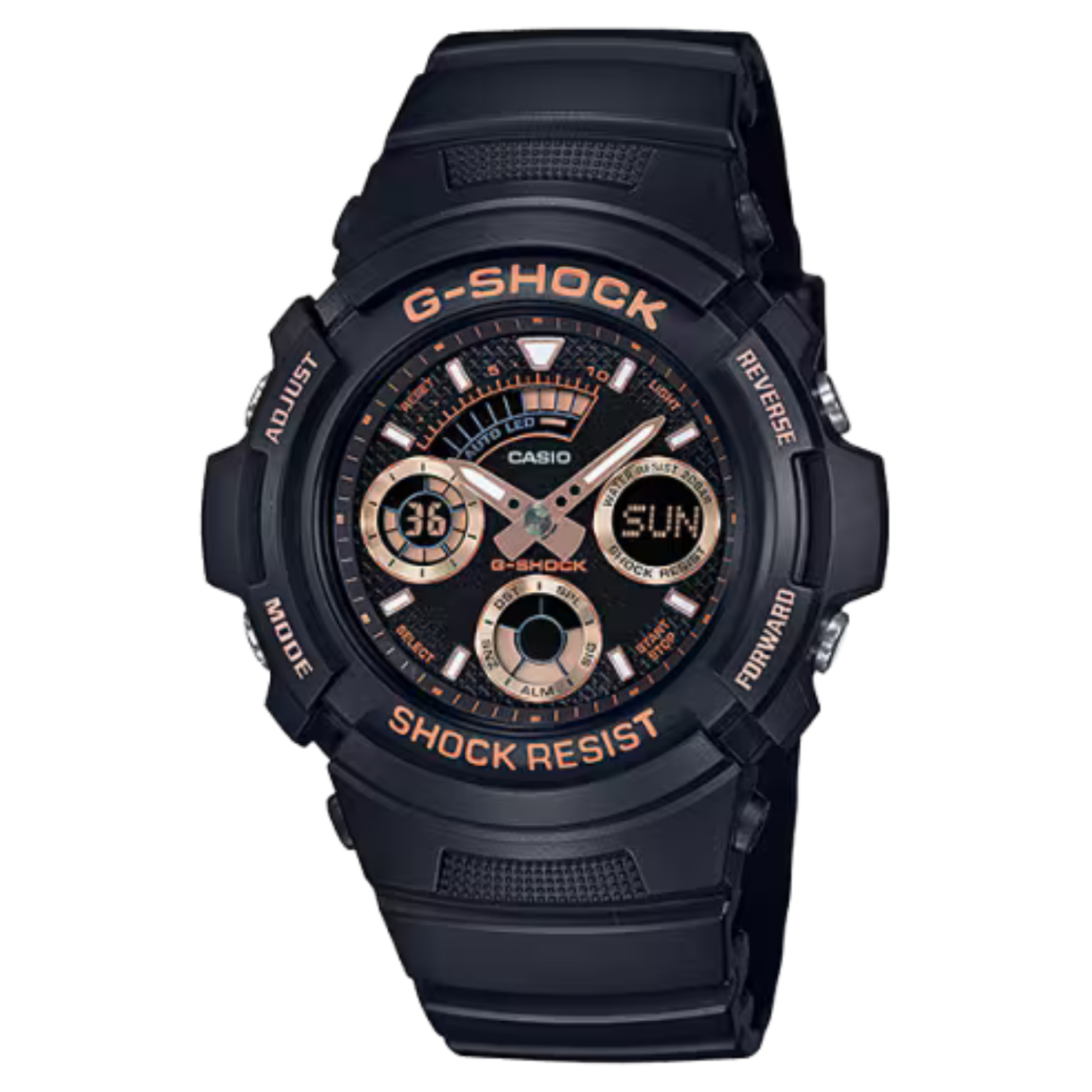 預購款【CASIO 卡西歐】G-SHOCK 戶外旅行 極限運動 多功能耐衝擊 電子錶 玫瑰金 金色 雙顯手錶 AW-591GBX