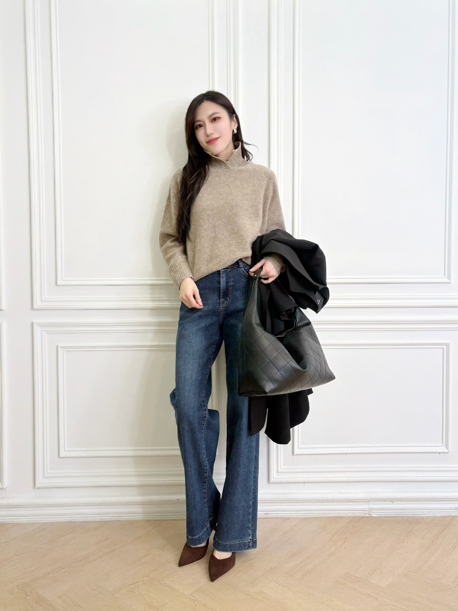 (刷絨發熱款)雙釦直筒牛仔褲