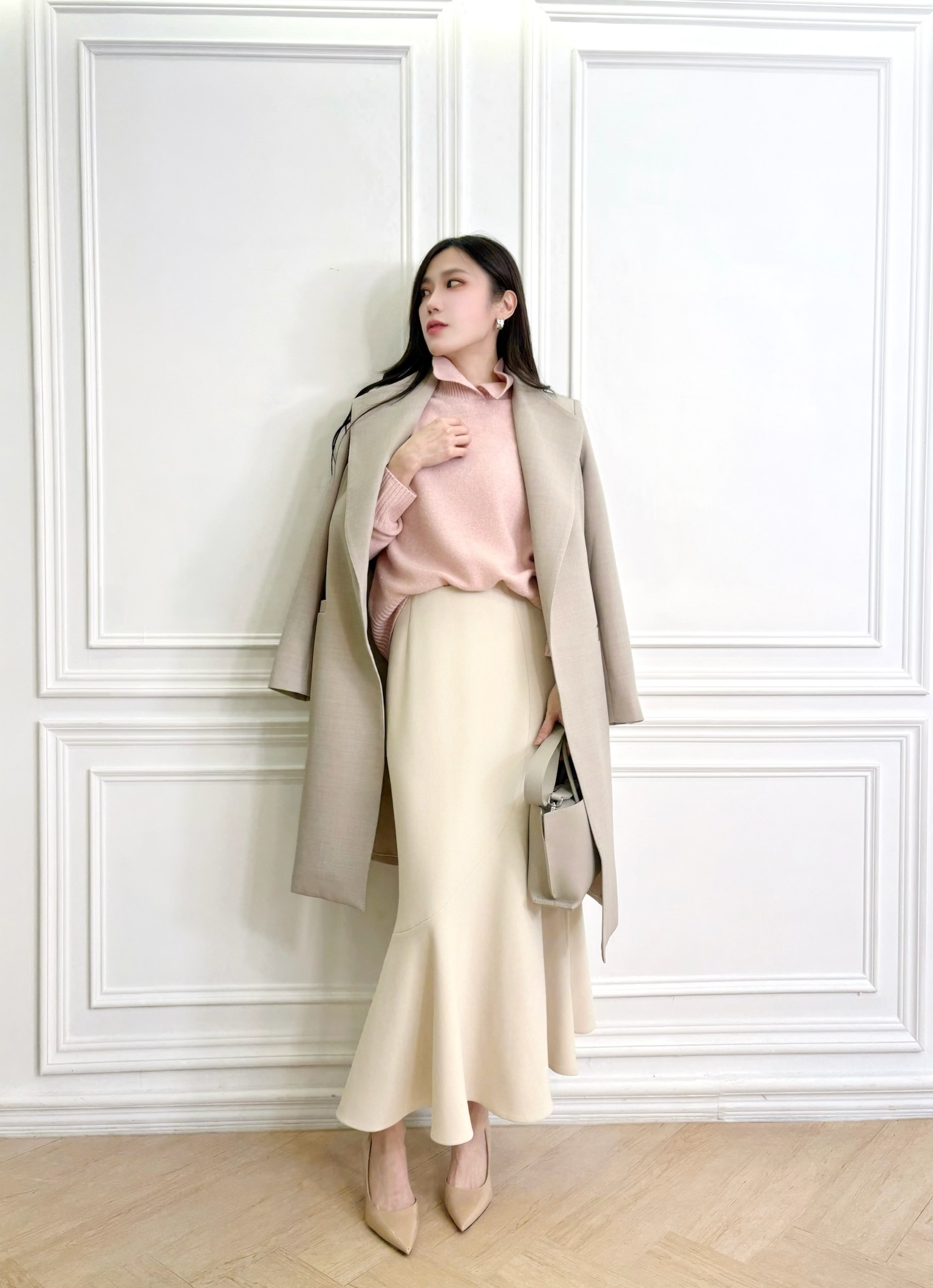 (JS select自訂) 高級修身簡約大衣-氣質米