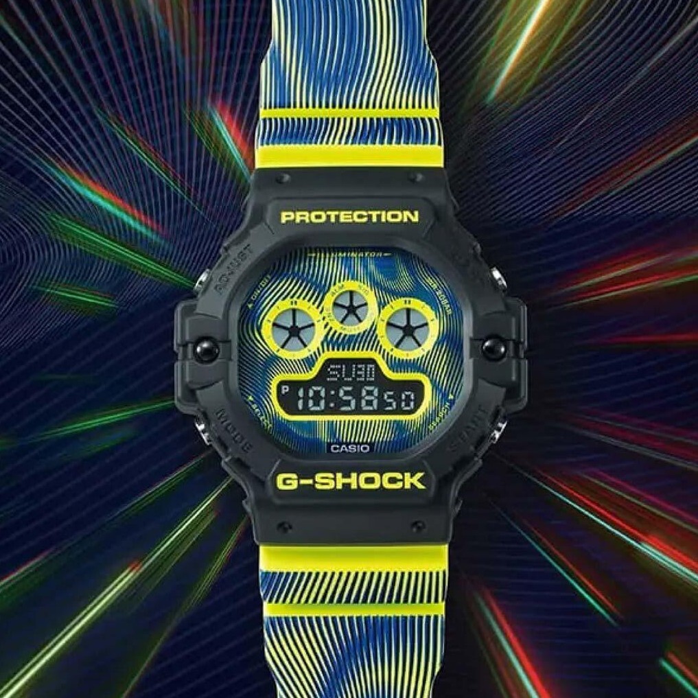 【CASIO 卡西歐】 G-SHOCK 生動螢光色 時空扭曲圖案 復古未來主義 耐衝擊 電子錶 DW-5900TD-9