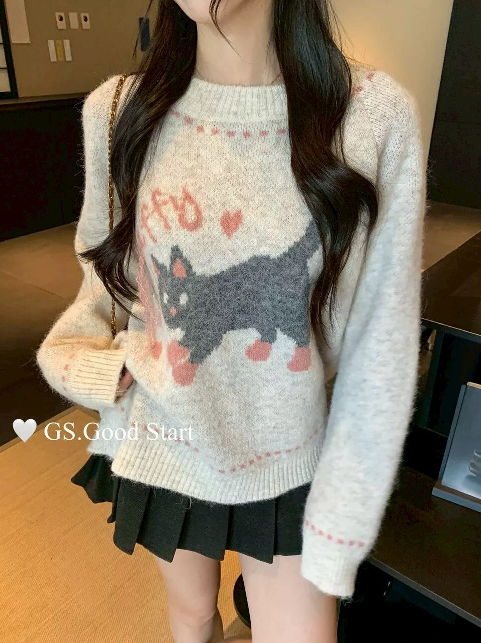 可愛貓咪珍珠針織上衣