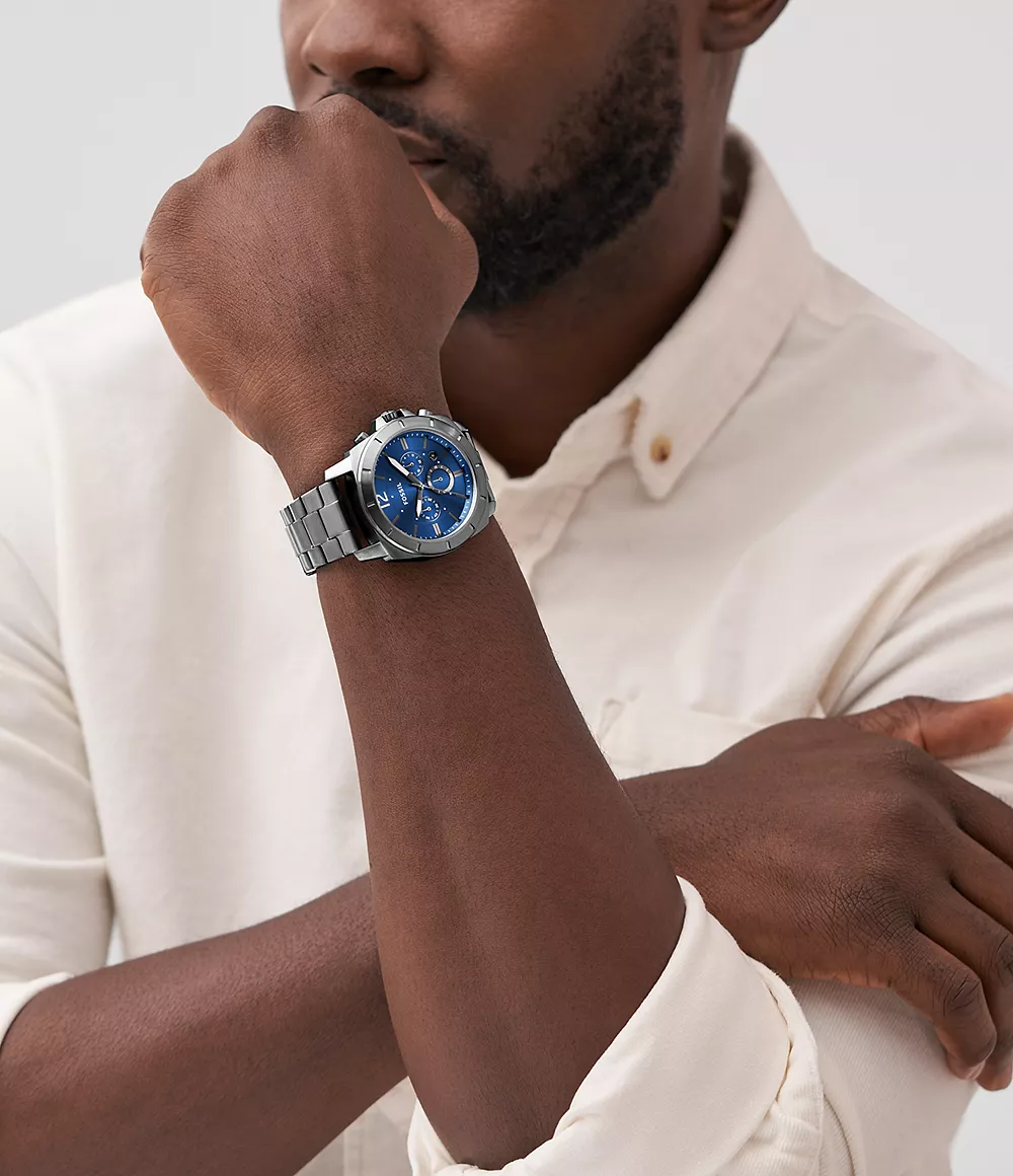 萬年鐘錶 - Fossil  Privateer  休閒運動藍面三眼計時不銹鋼錶帶男錶 BQ2816 錶徑42MM